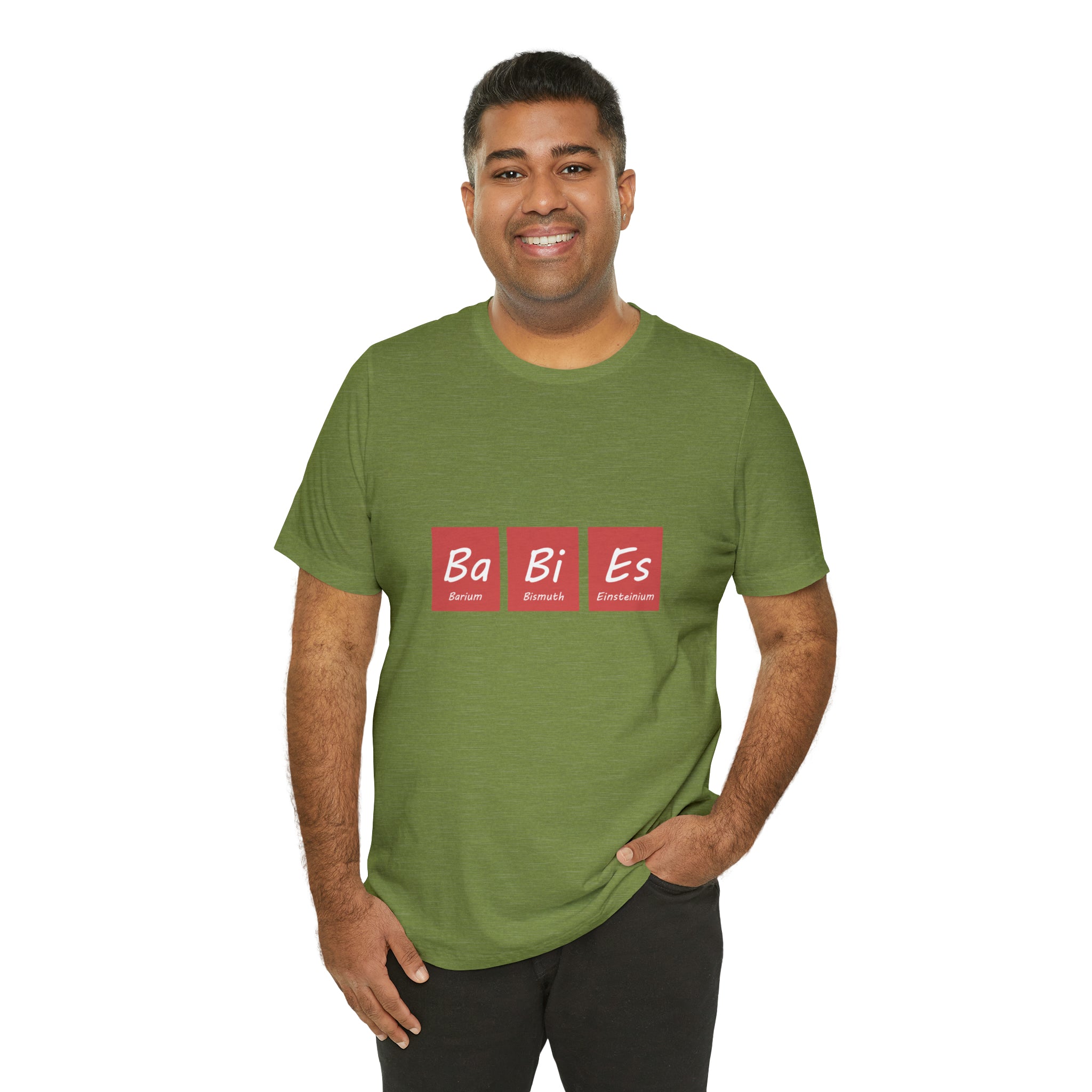 A man wearing a Ba - Bi - Es T-Shirt.