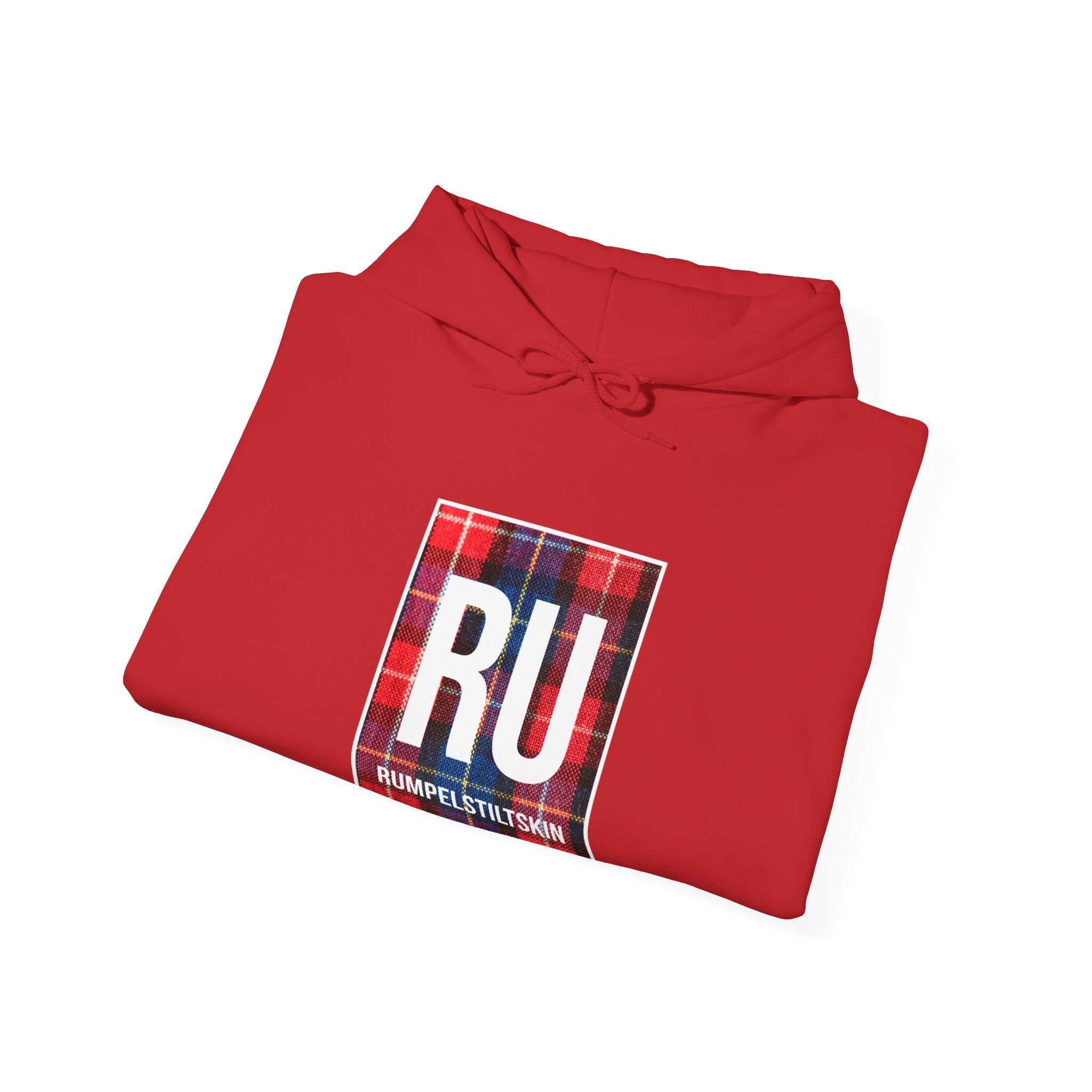 RU - Hooded Sweatshirt with a "RU" logo in a plaid pattern above the word "Rumpelstiltskin," offering ultimate comfort, style, and ease.