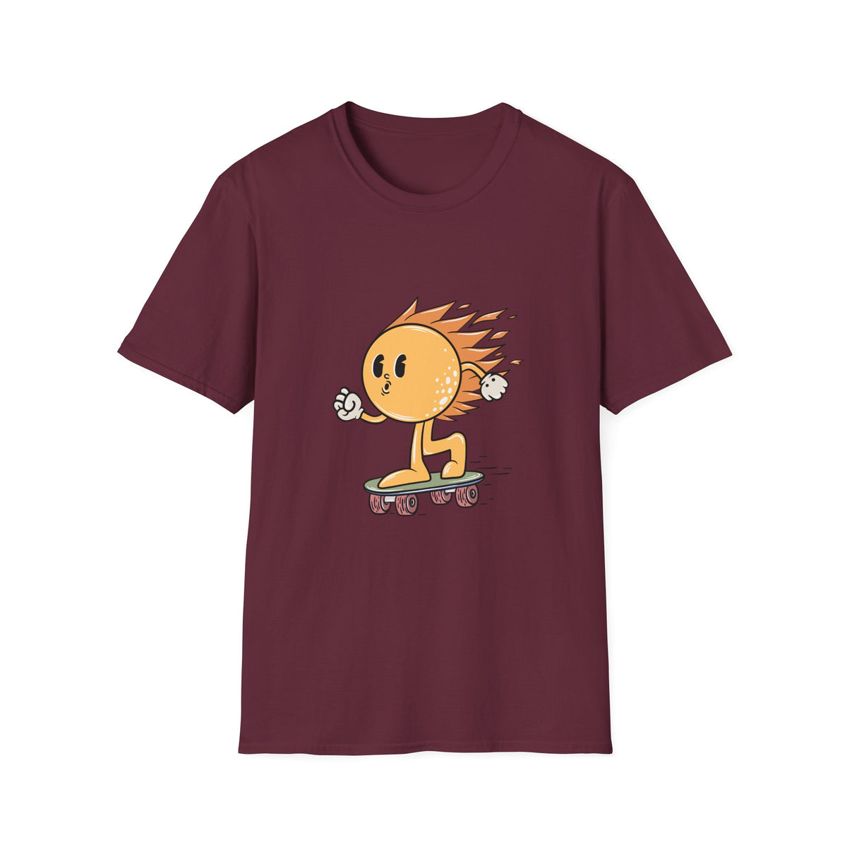 Hot Sun Cartoon skateboarding t-shirt in maroon, flat lay front print, funny sunny graphic tee