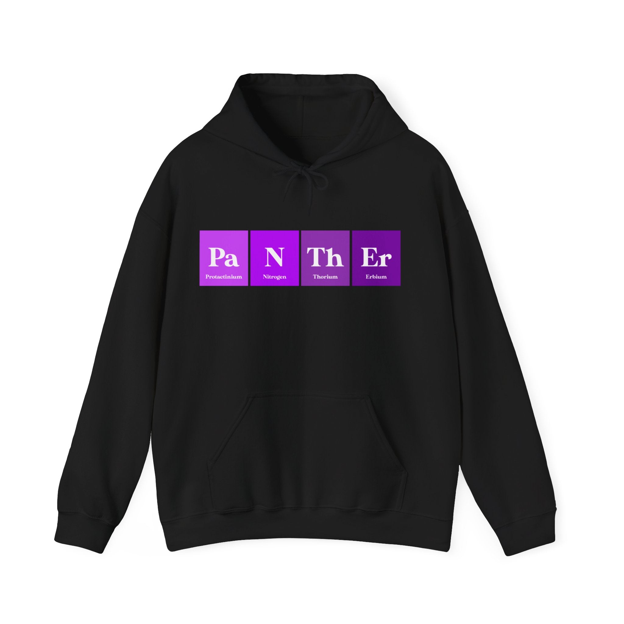 A 100% cotton black Pa-N-Th-Er - Hooded Sweatshirt featuring a unique "Pa-N-Th-Er" design using elements from the periodic table.