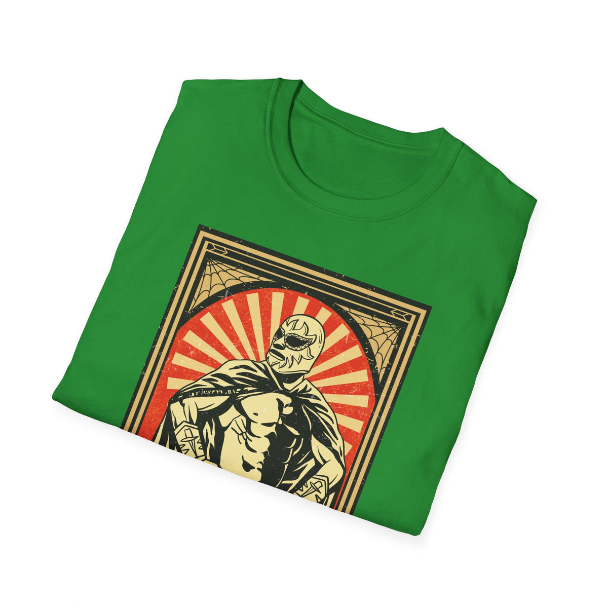 'Mexican Wrestler' retro poster print folded on green t-shirt, funny lucha libre gift idea