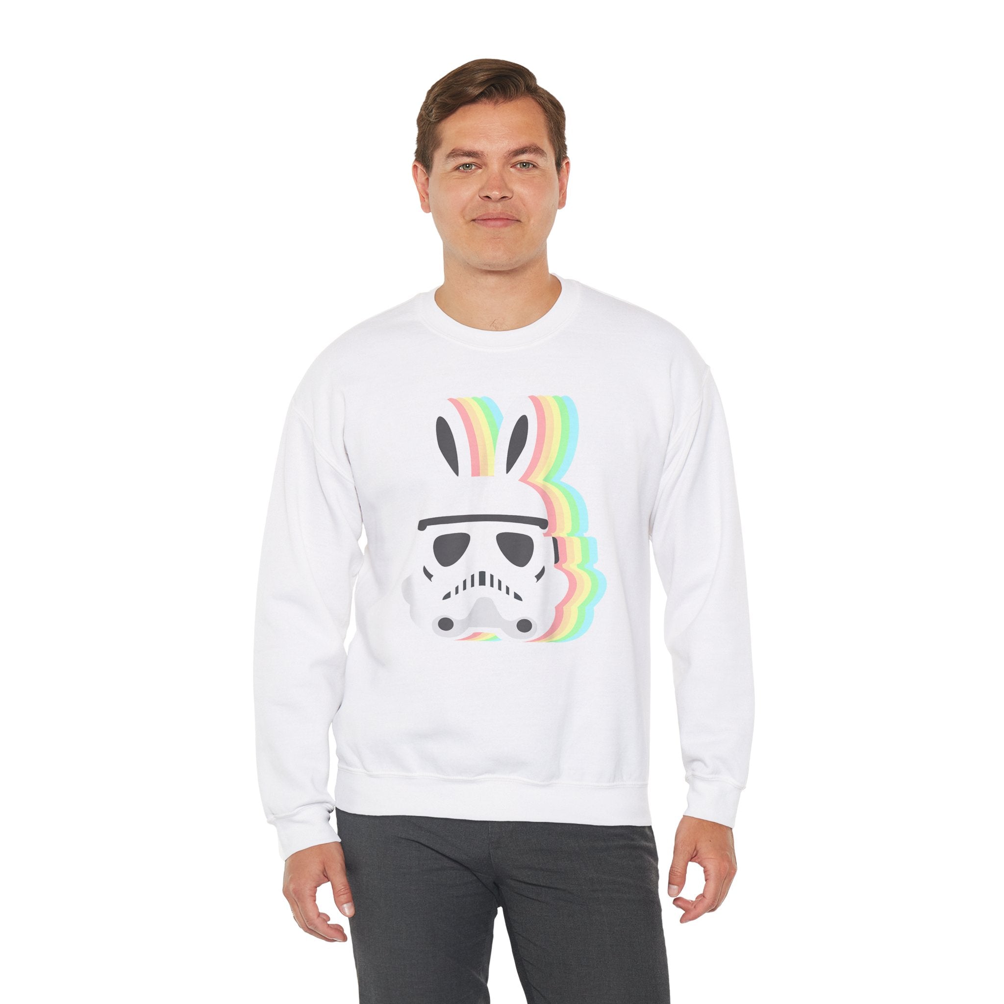 A person in a Star Wars Easter Stormtrooper - Sweatshirt featuring an Easter Stormtrooper helmet with rainbow colors and bunny ears design on the front.