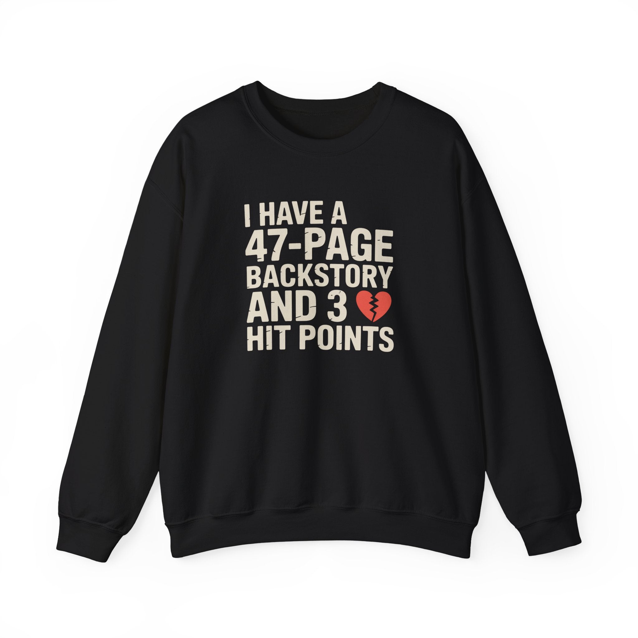 47-Page Backstory 3 Hit Points sweatshirt in black and forest green | Geekpsters