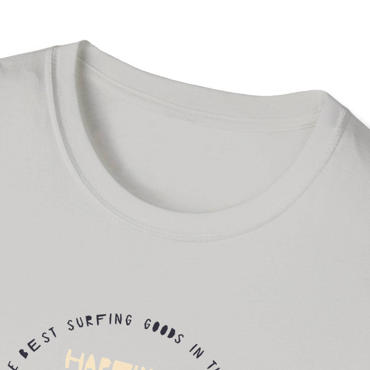 ‘Happiness Comes in Waves’ ice grey tee, close-up of collar, blank front, surfer gift