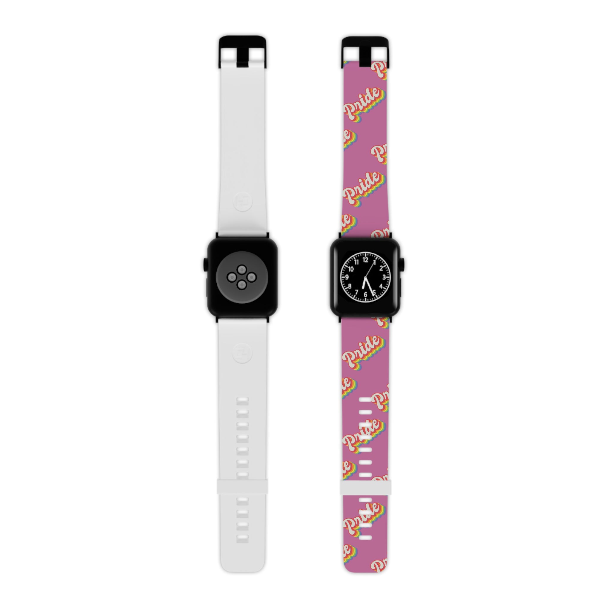 Two custom-printed Pride Bands for Apple Watch with a fashionable pink and white design.