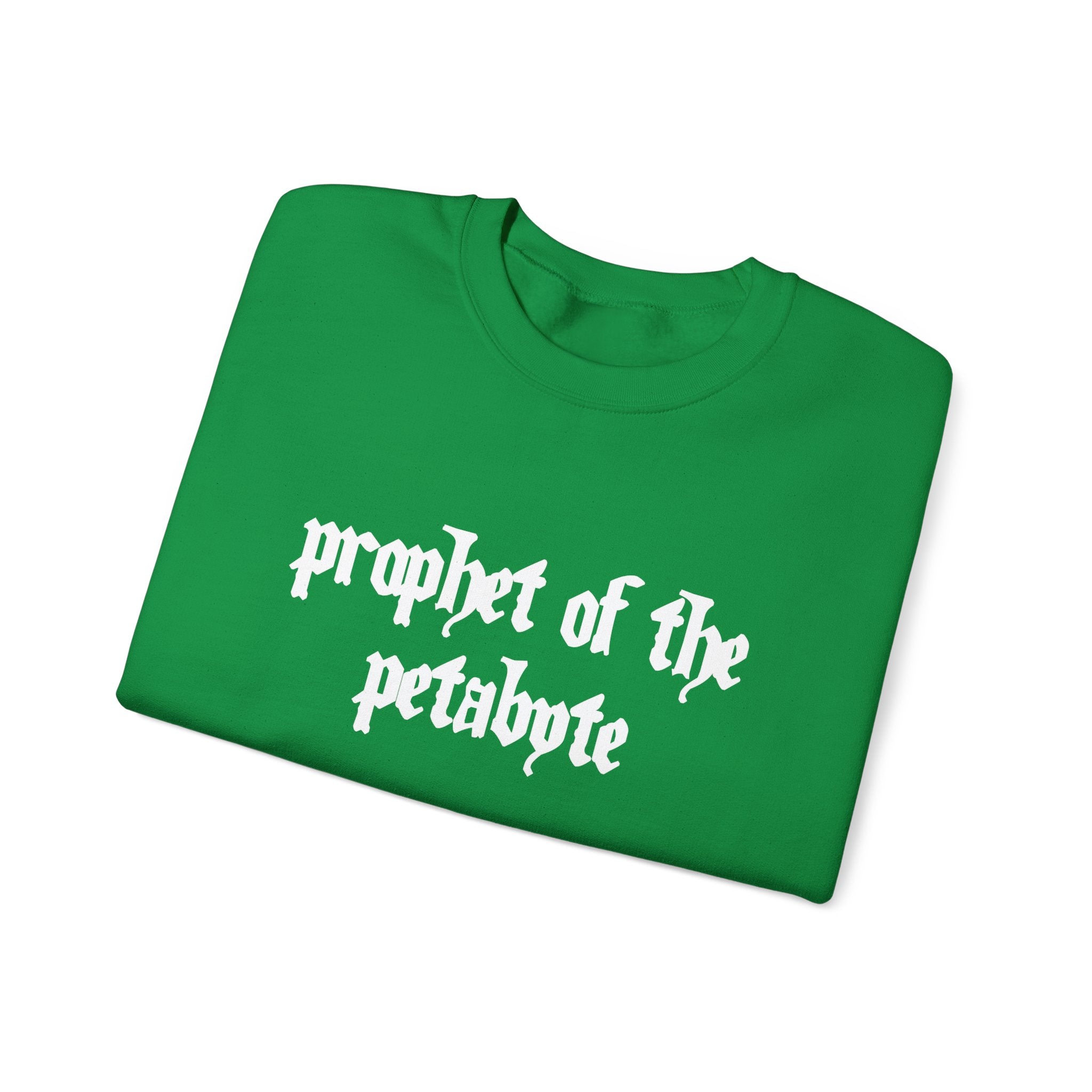 Cozy and tech-chic, the green sweatshirt titled "Prophet of the Petabyte" features crisp white text and is folded neatly.