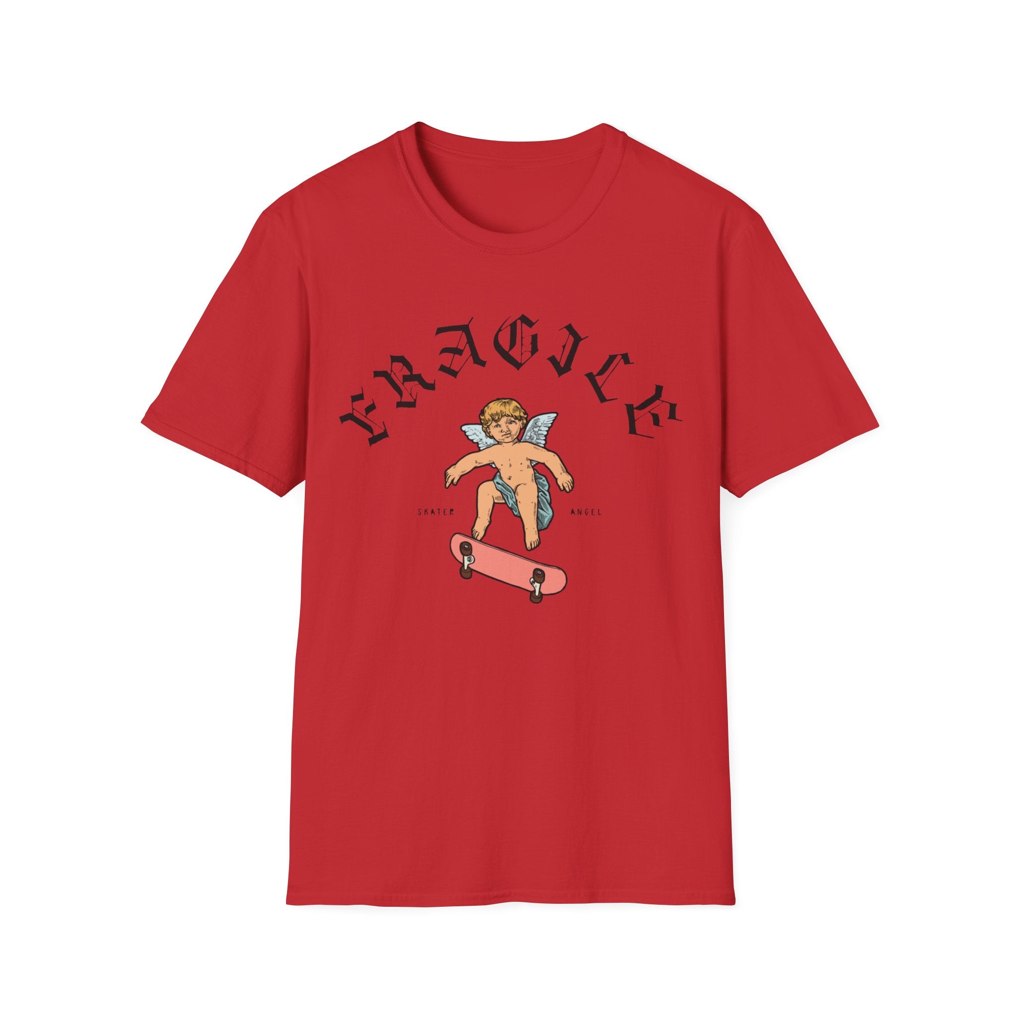 Relaxed fit red t-shirt named "Skater Angel" featuring an illustration of an angel skating on a skateboard with the text "Fragile" above it.