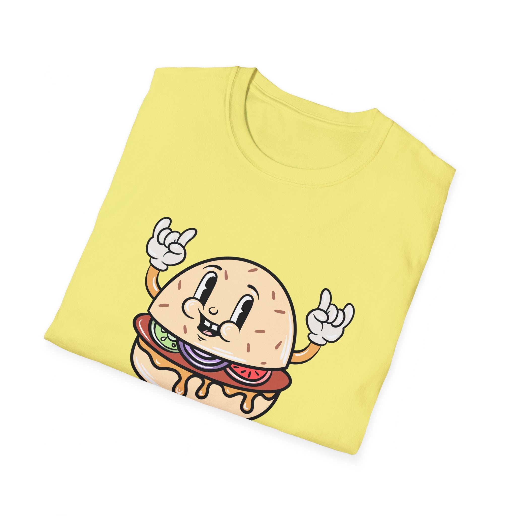 A folded yellow t-shirt from the "Burger Cartoon" collection, showcasing a cartoon hamburger character with arms, legs, a smiling face, and making a rock-and-roll hand gesture on the front.