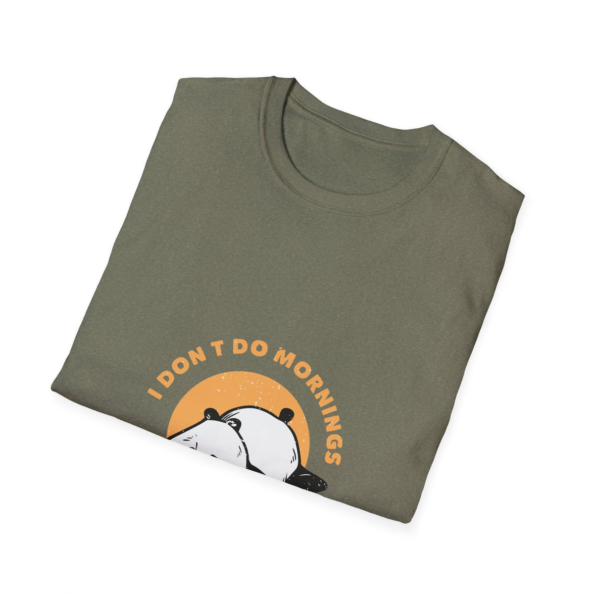 'I Don't Do Mornings' sleepy panda print folded on olive green t-shirt, funny sunrise graphic gift