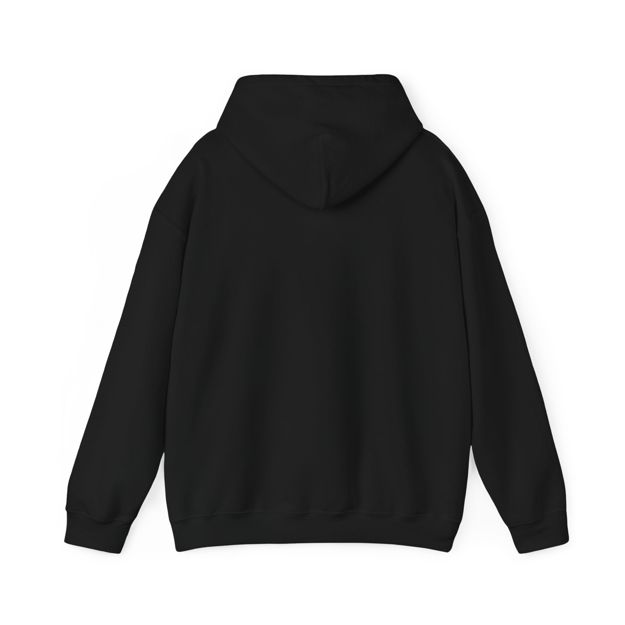 Back view of a plain black hooded sweatshirt with long sleeves, featuring a subtle C-Ho-Co-La-Te - Hooded Sweatshirt design for a fashion-forward touch.