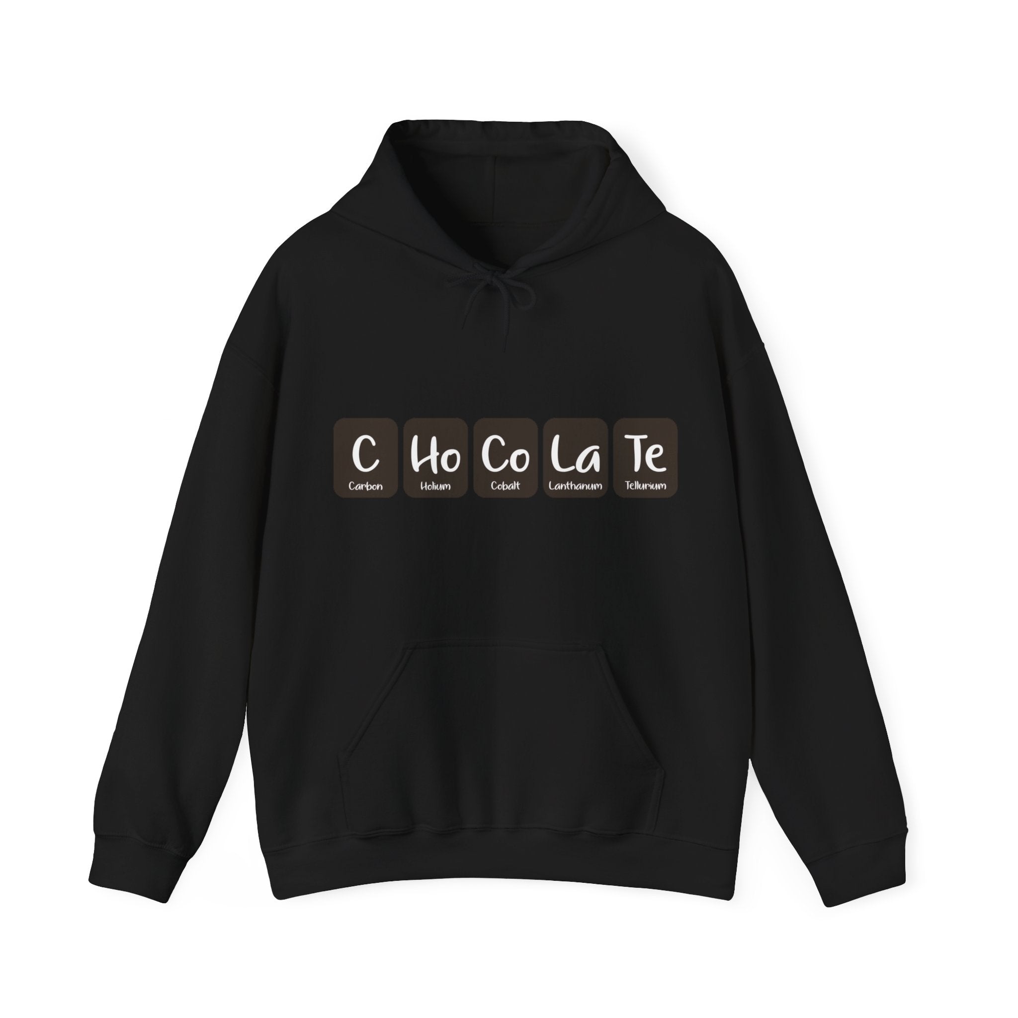 Fashion-forward black **C-Ho-Co-La-Te - Hooded Sweatshirt** featuring a C-Ho-Co-La-Te design on the chest, spelling "CHOCO LATE" with elements from the periodic table.