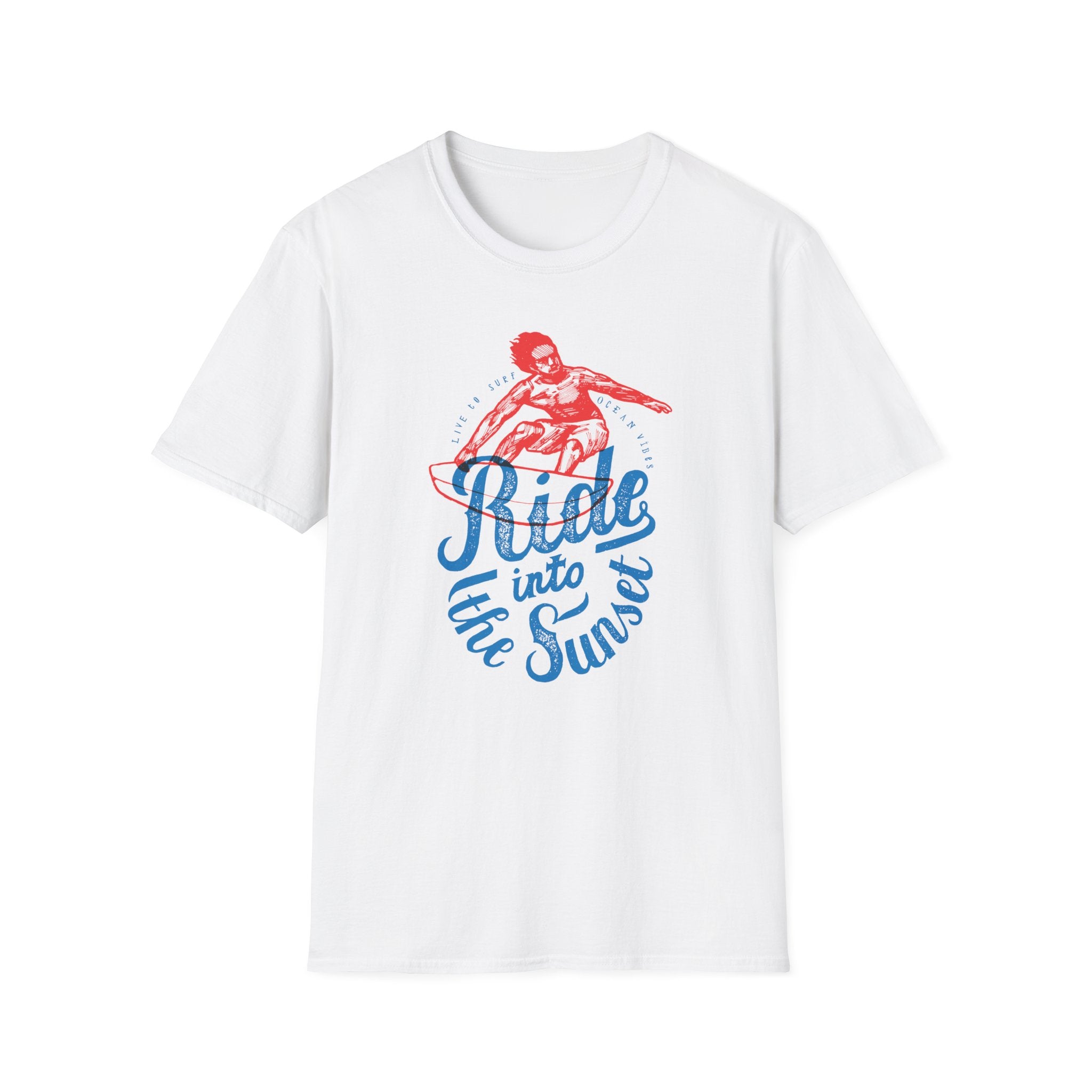 The trendy design of the white t-shirt showcases a red and blue print of a surfer along with the phrase "Ride into the Sunset," capturing the essence of our Ride Into the Sun T-Shirt.