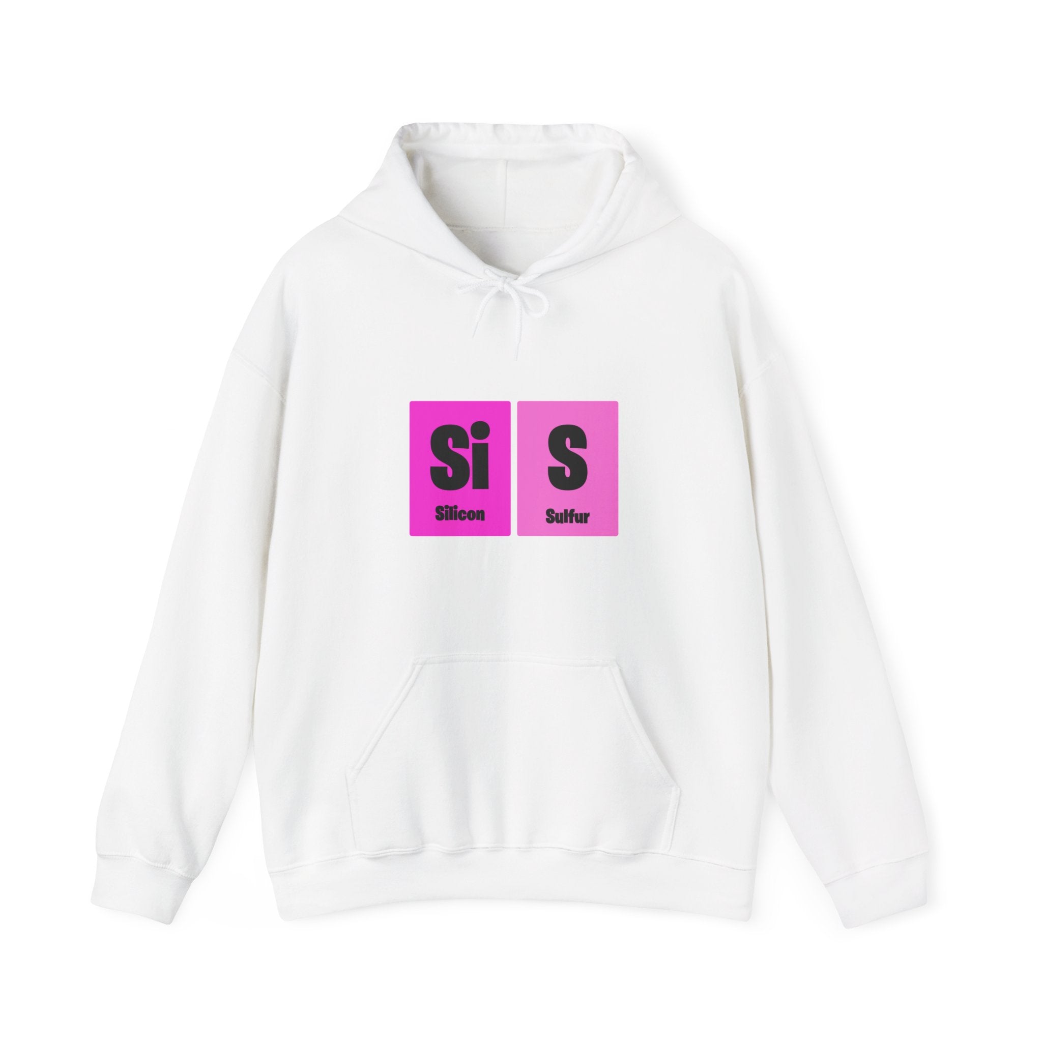 Stylish white Si-S Light Pendant - Hooded Sweatshirt featuring pink periodic table squares for Silicon (Si) and Sulfur (S) printed on the front, resembling a Si-S pendant.