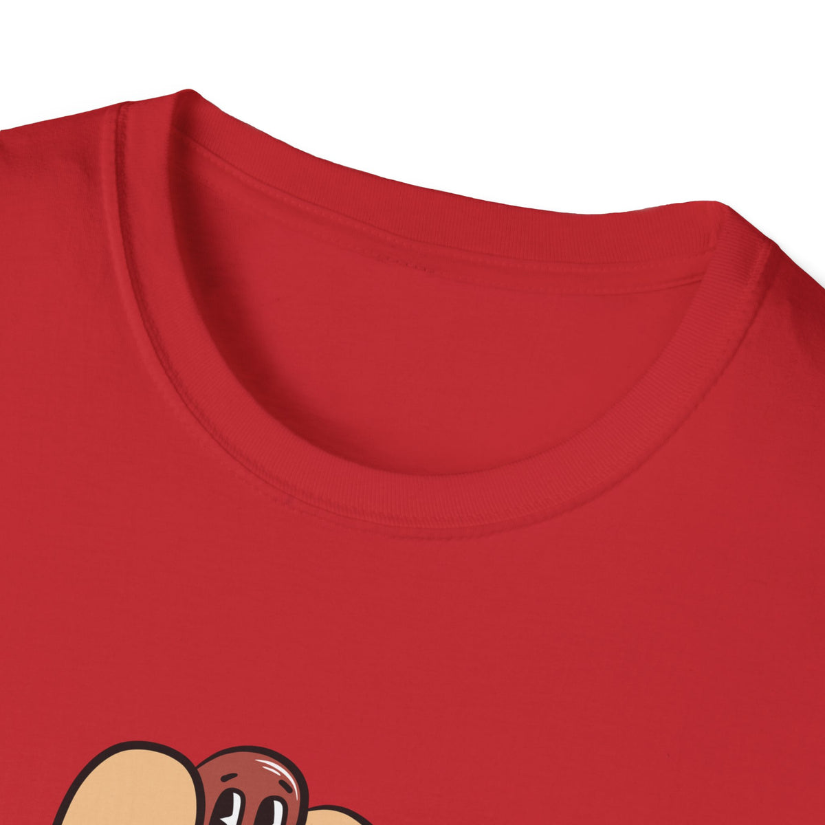 Close-up of Hotdog Cartoon print on red t-shirt collar, funny cartoon food graphic detail