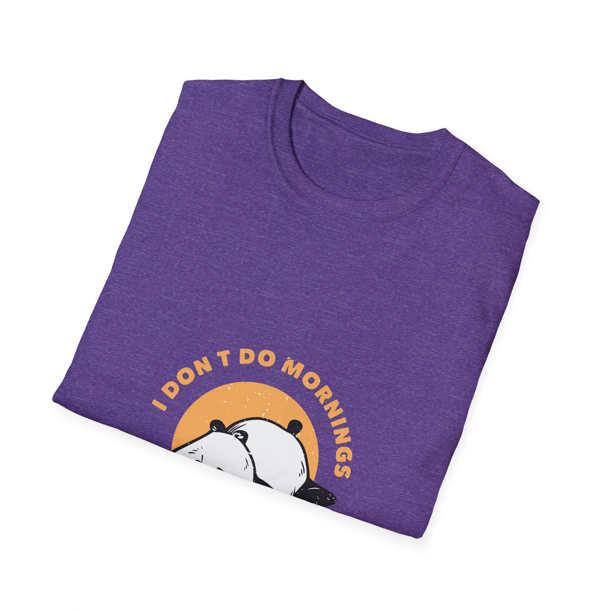 'I Don't Do Mornings' sleepy panda print folded on heather purple t-shirt, funny sunrise graphic gift