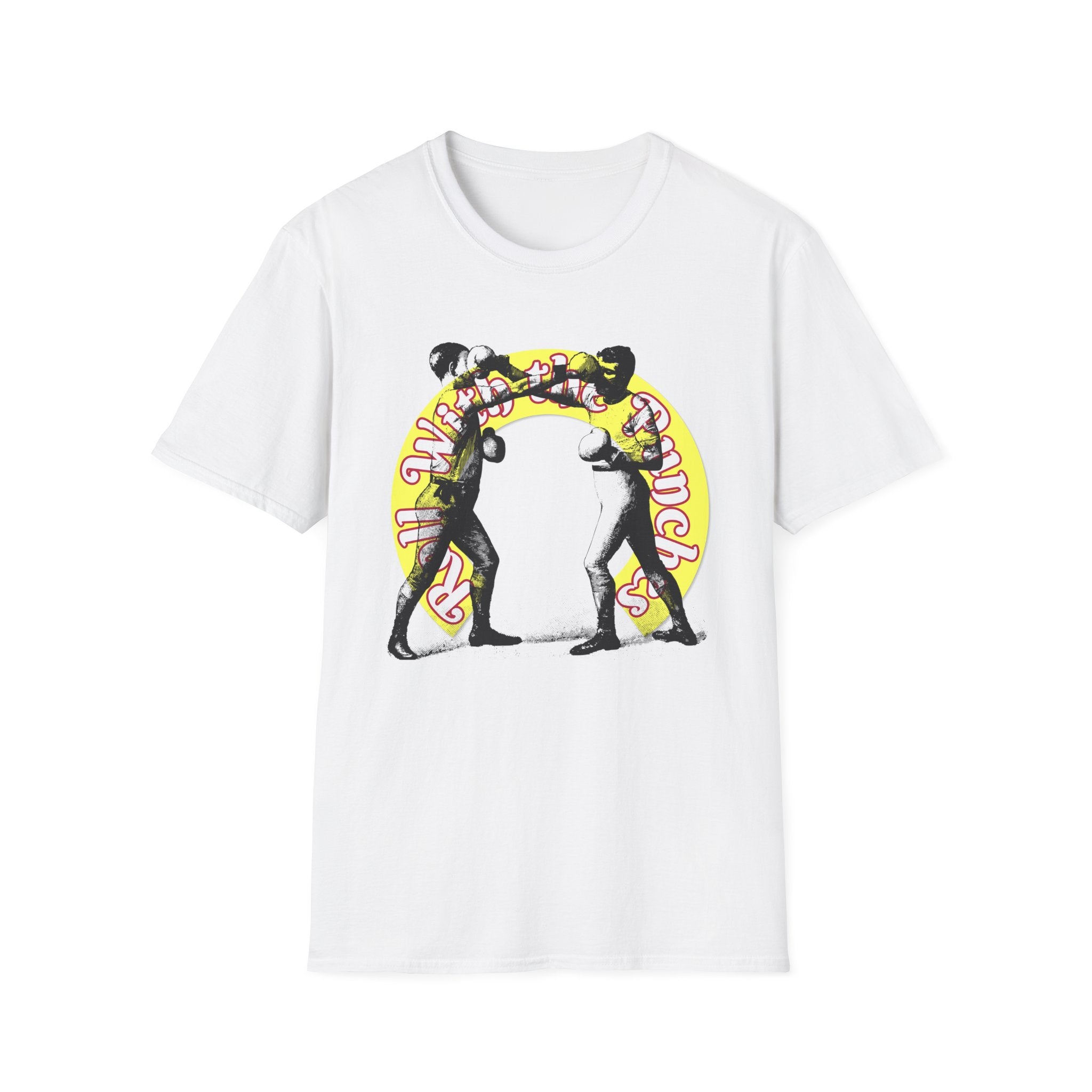 This durable cotton t-shirt, named "Roll With the Punch - By MISTO," features a classic print of two fighters along with the phrase "All Weather Punch" in bold yellow and pink.