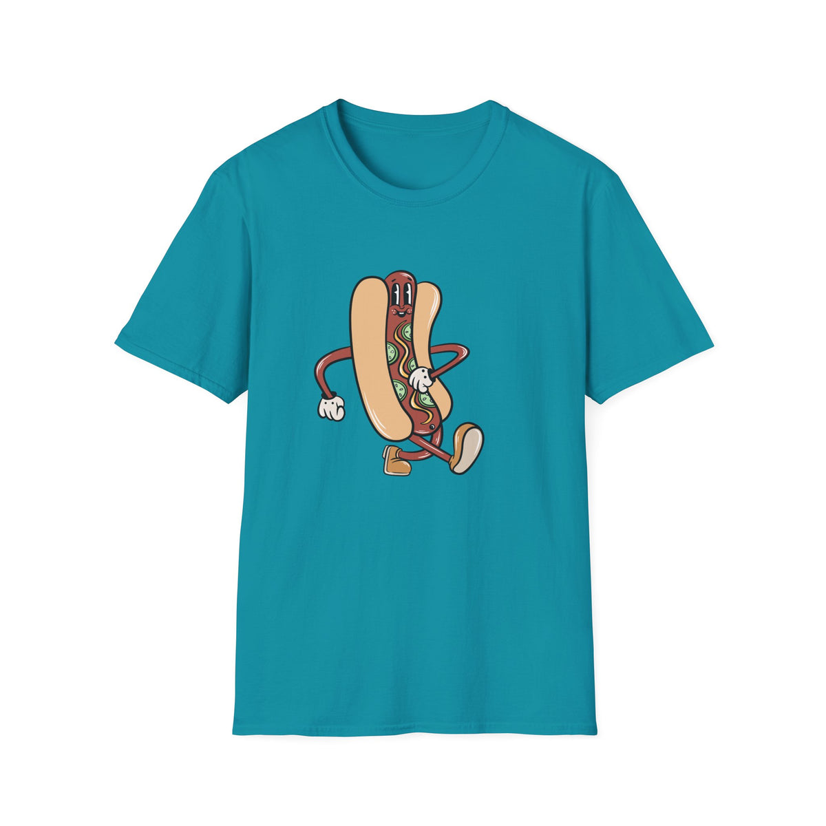 Hotdog Cartoon t-shirt in tropical blue, flat lay front print, funny cartoon food graphic tee