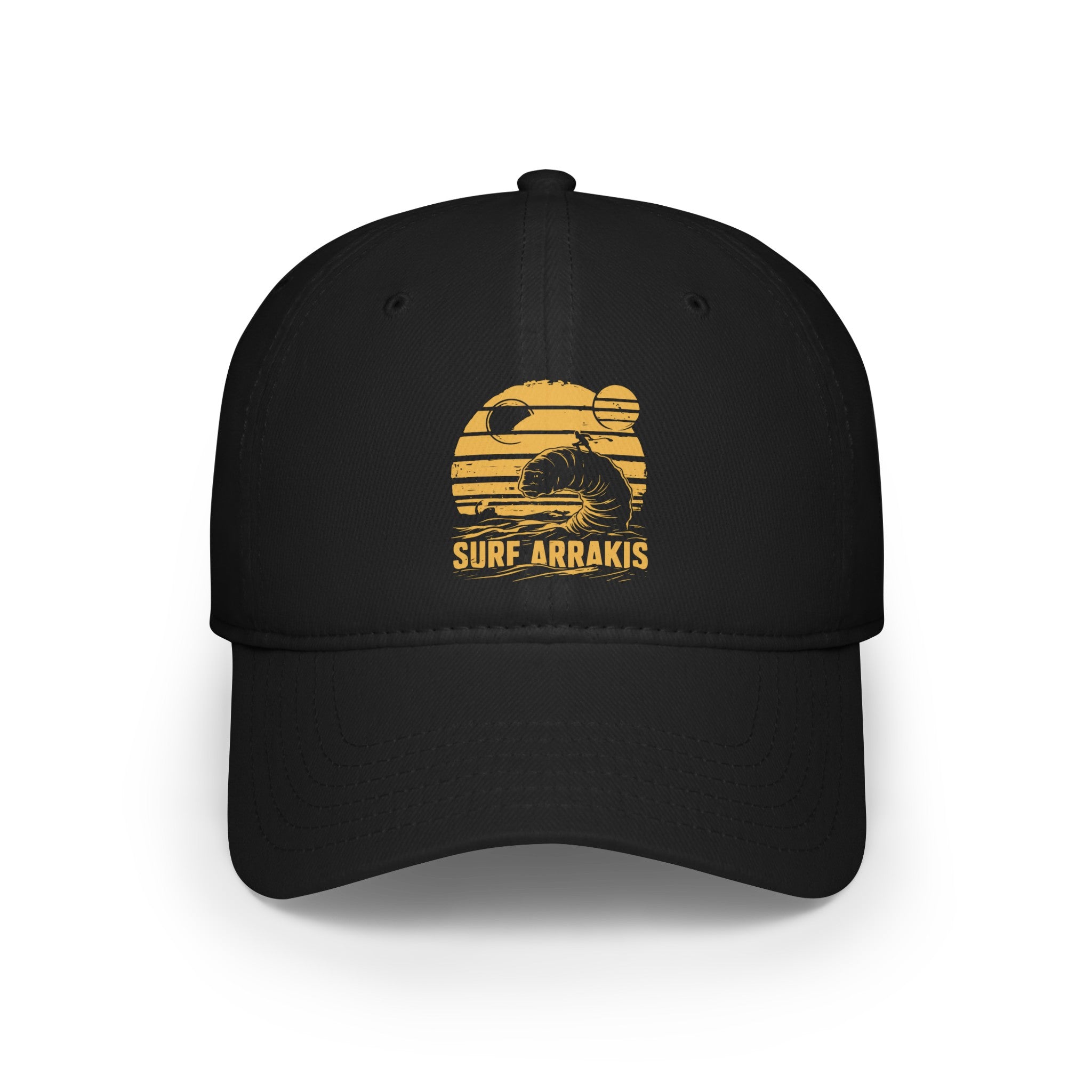 This durable black **Surf Arrakis - Hat** features a stylish yellow graphic of a sandworm surfing a dune with the text "SURF ARRAKIS" underneath.