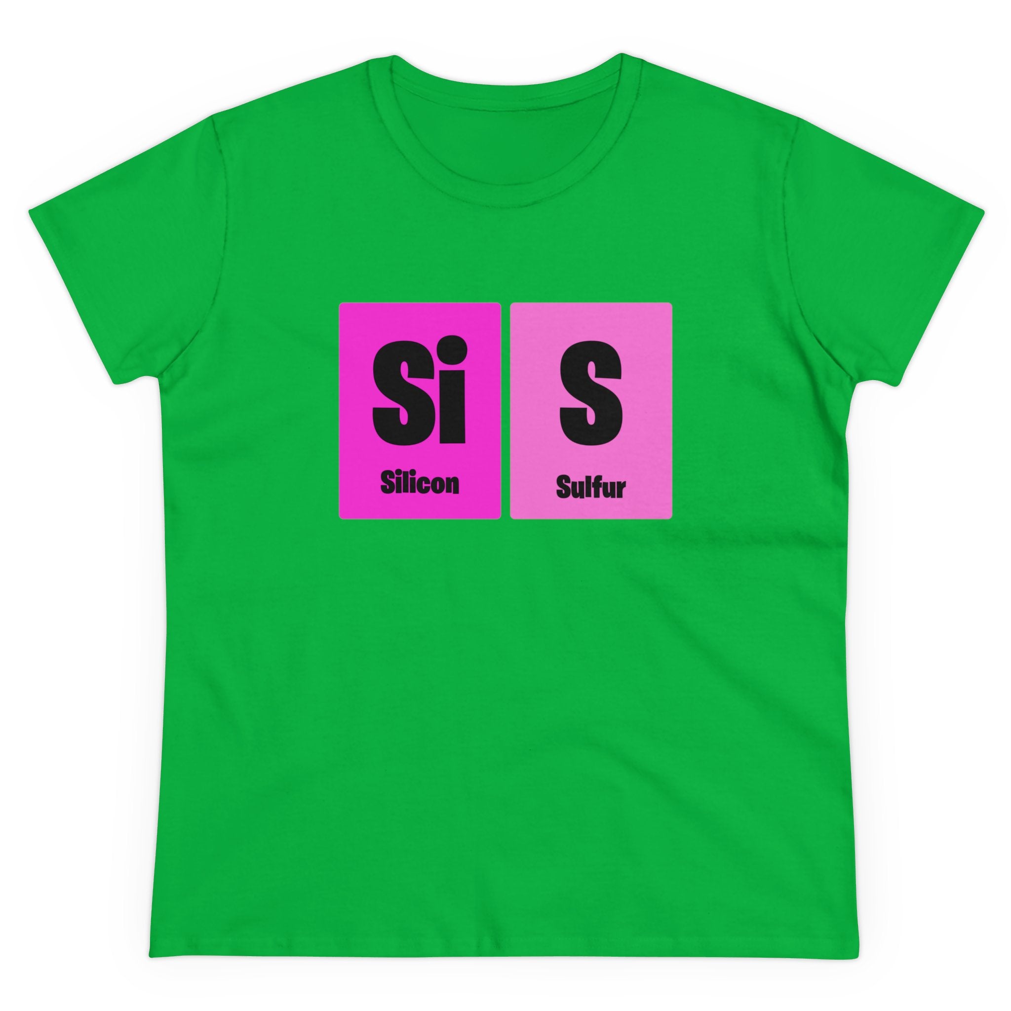 A green Si-S Light Pendant - Women's Tee displaying elements Silicon (Si) and Sulfur (S) from the periodic table, printed as pink blocks with black letters, perfect for adding a touch of cozy fashion to your wardrobe.