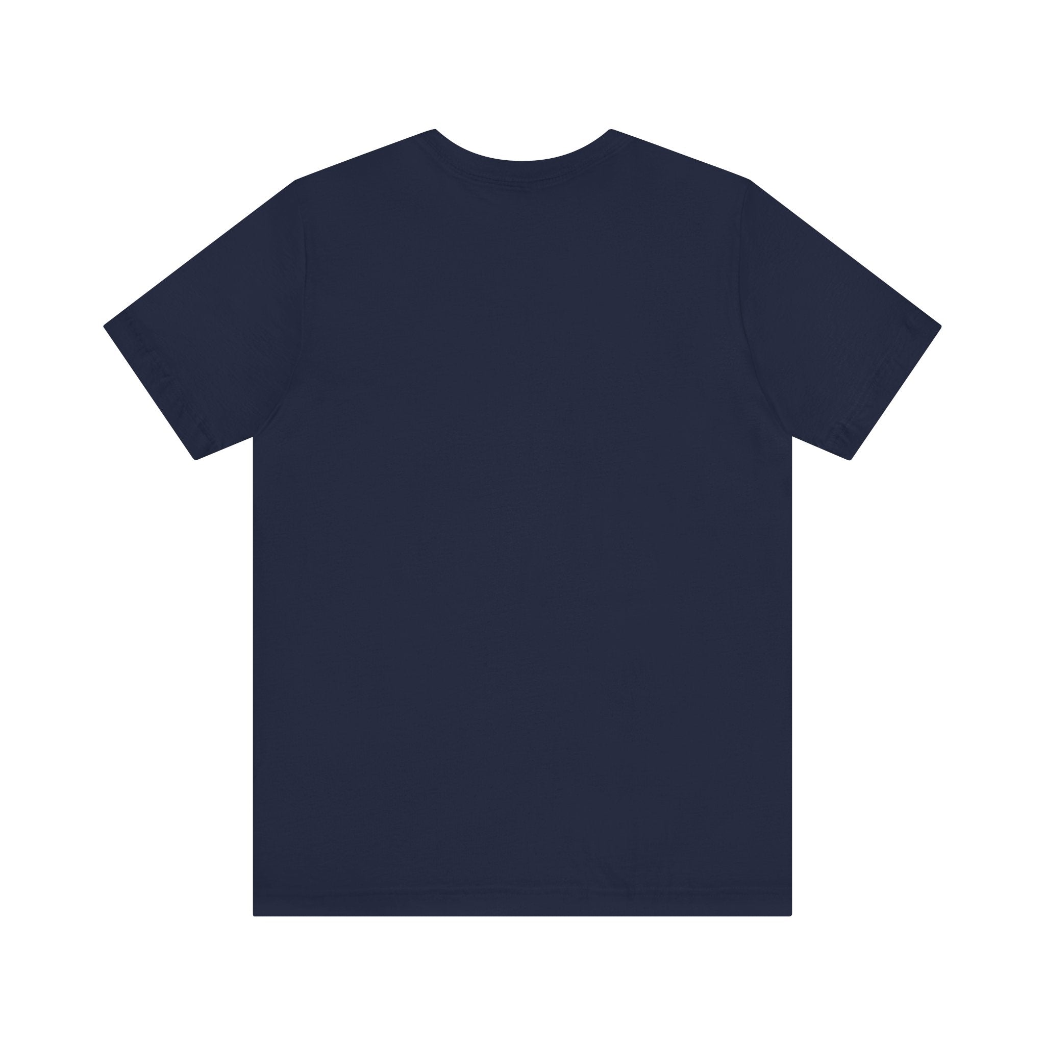 A plain navy blue short-sleeve Binary Rain Cloud - T-Shirt, made from luxurious Airlume combed cotton, is displayed against a white background. The shirt is shown from the back.