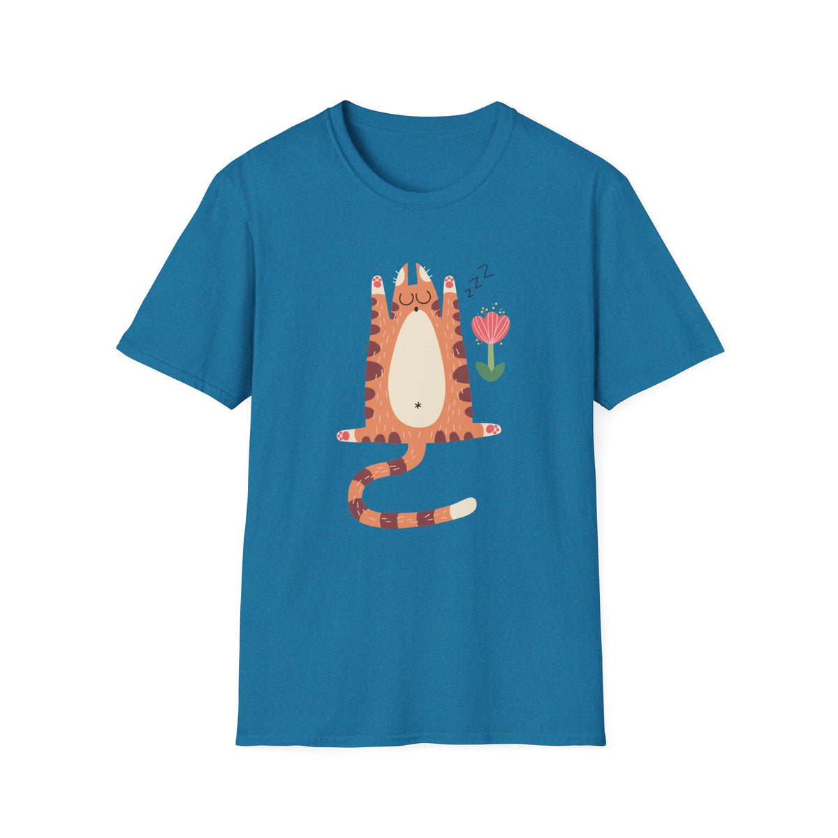 "You Make Me Go ZZZ" sleepy cat t-shirt in antique sapphire, flat lay front print, funny cat lover tee