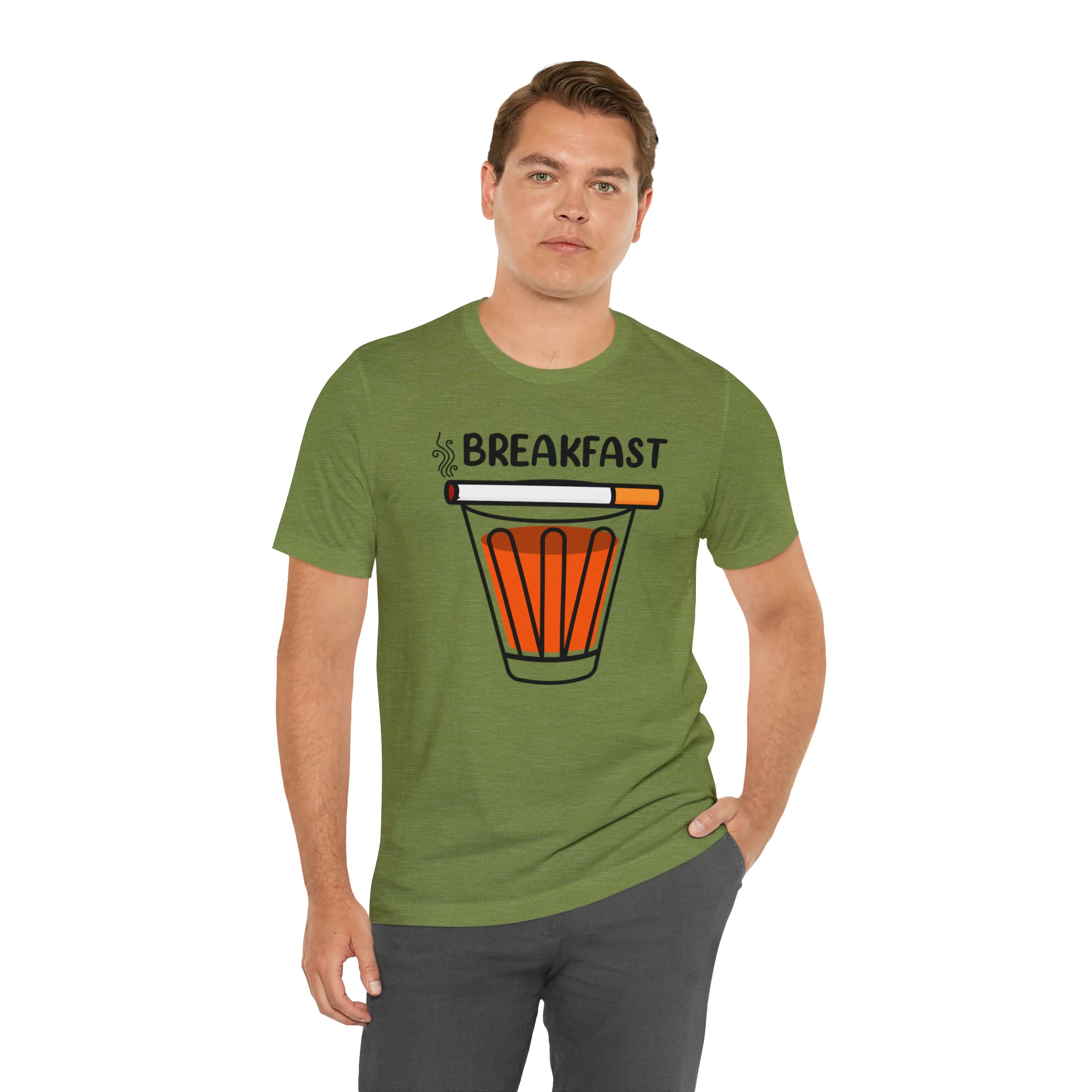 A man wearing a Breakfast T-Shirt that says breakfast.