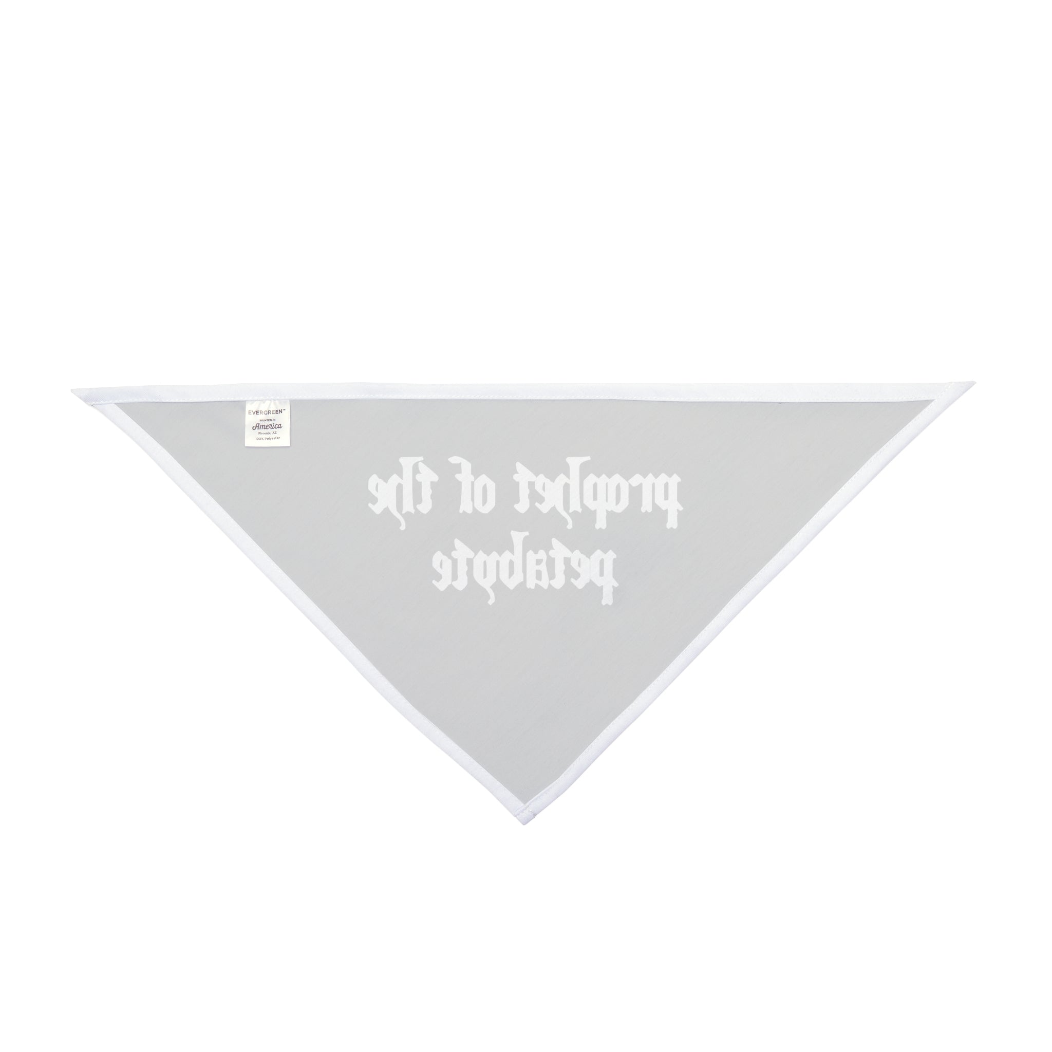 The Prophet of the Petabyte - Pet Bandana is a triangular, light gray accessory crafted from polyester with white trim and features reversed text saying "protect our parks." It's ideal for tech-loving pets who wish to make a statement while remaining stylish.