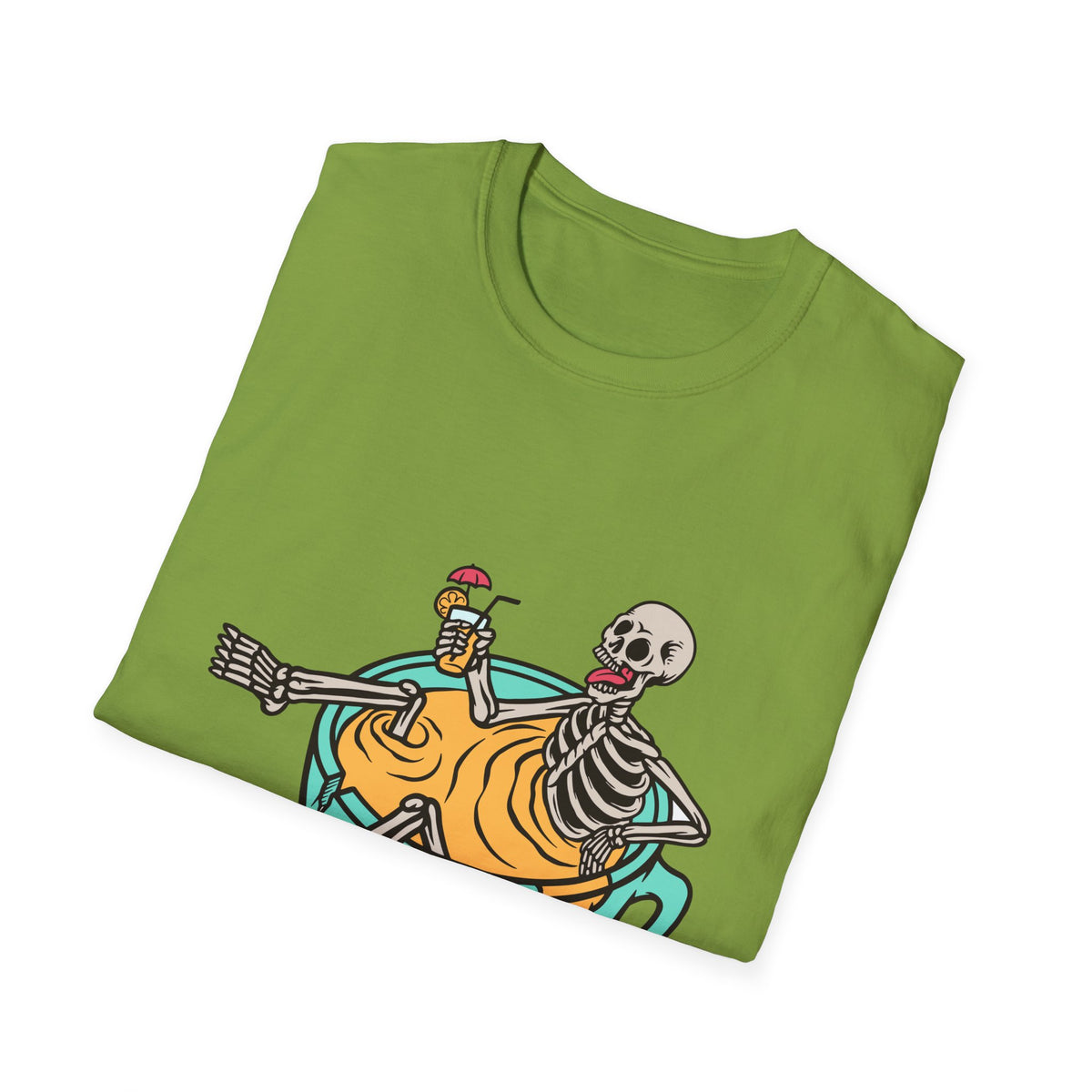 'Relaxing Skull' skeletons in a teacup print folded on kiwi green t-shirt, funny coffee lover gift
