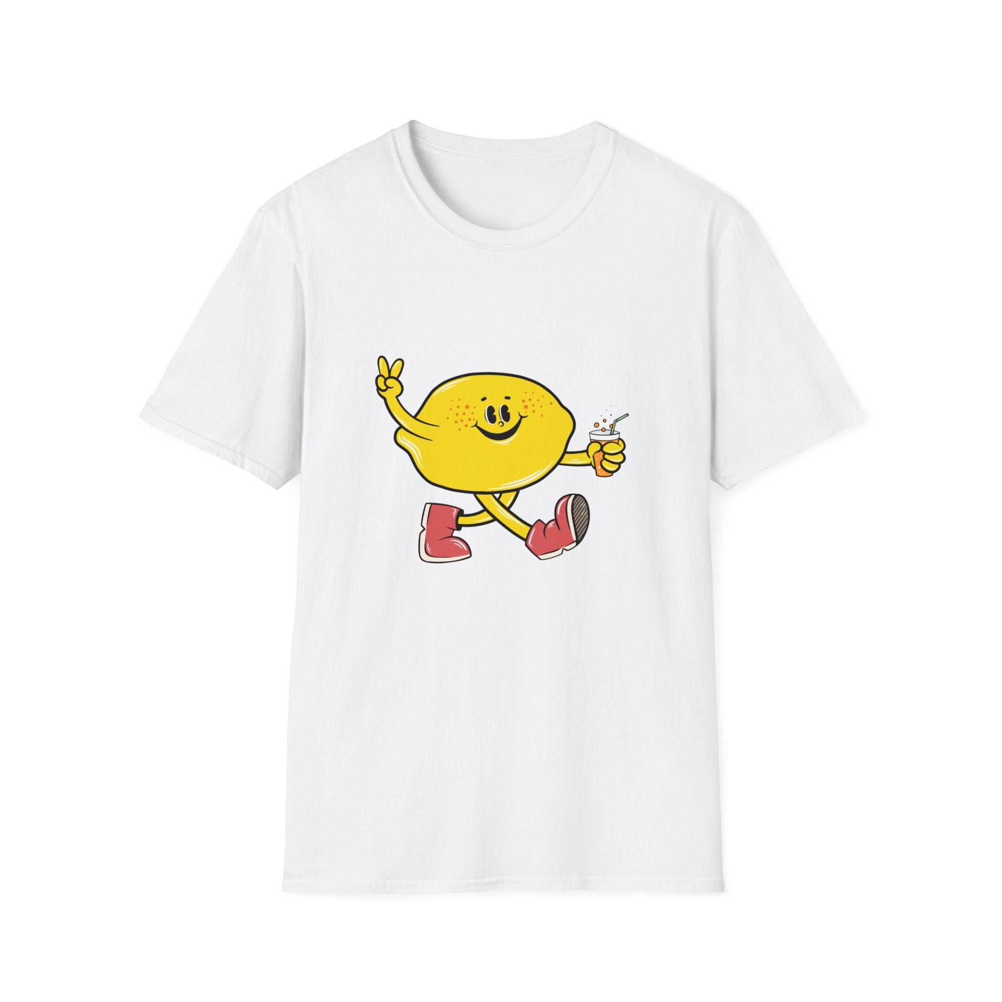 Cartoon Lemon T-shirt featuring a cheerful, anthropomorphic lemon giving a peace sign and holding a drink. The lemon is sporting red boots and has a smiling face.