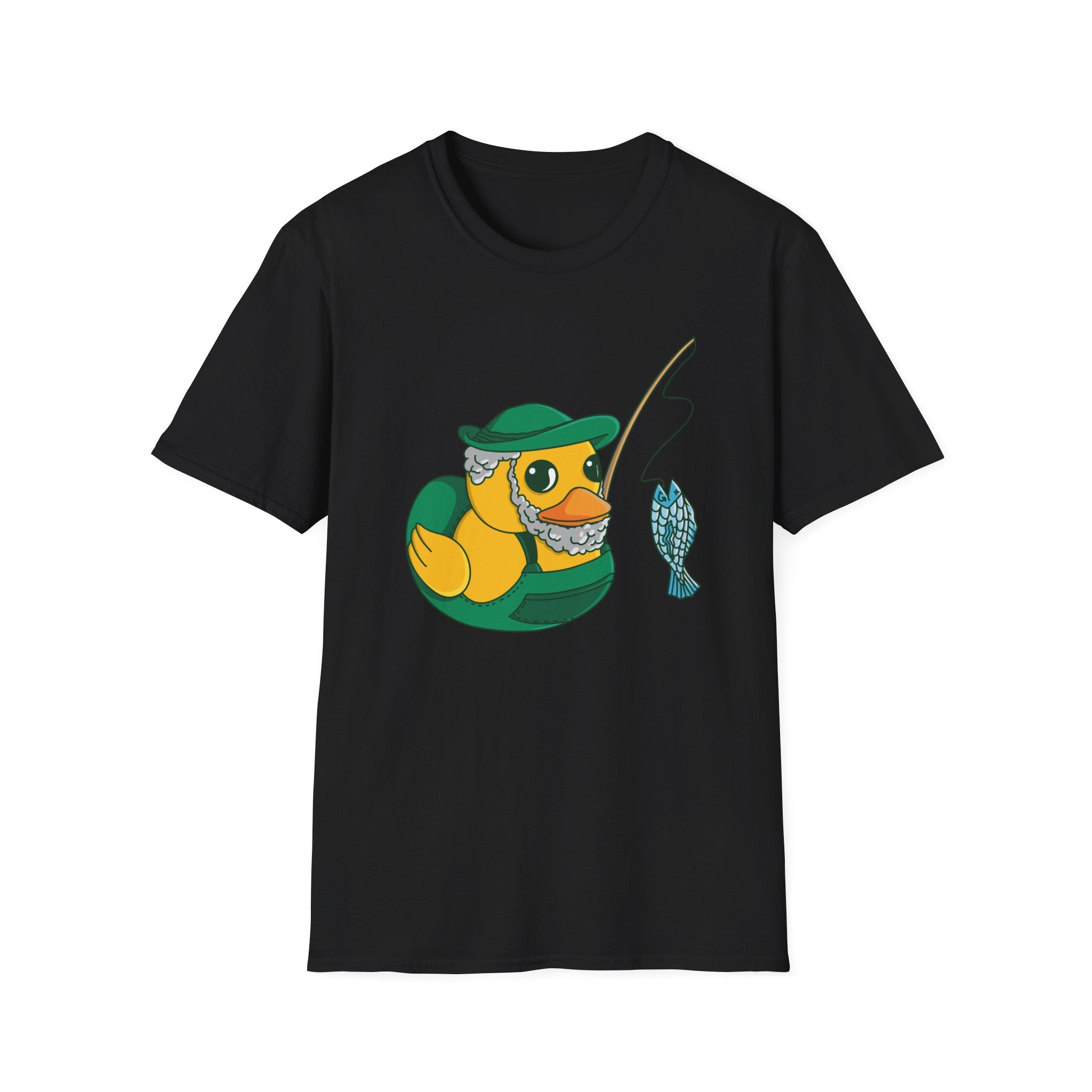 Fisherman Duck T-Shirt in black, showcasing a cartoon Fisherman Duck wearing a green hat and vest, outdoors with a fishing rod and a fish on the line.