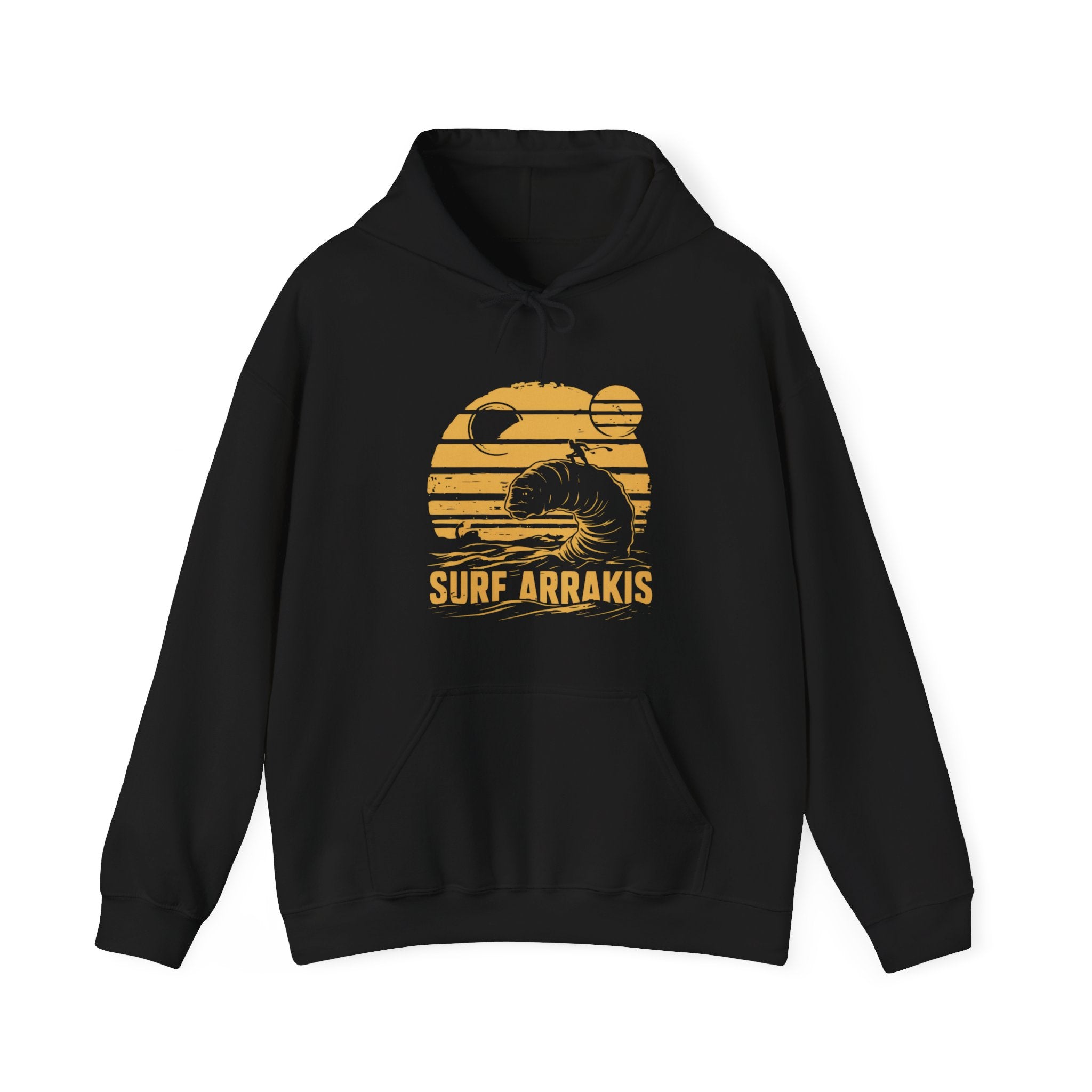 The "Surf Arrakis - Hooded Sweatshirt" features a black exterior with a golden graphic of a sandworm and the text "Surf Arrakis" on the front, complemented by a cozy interior that promises comfort.