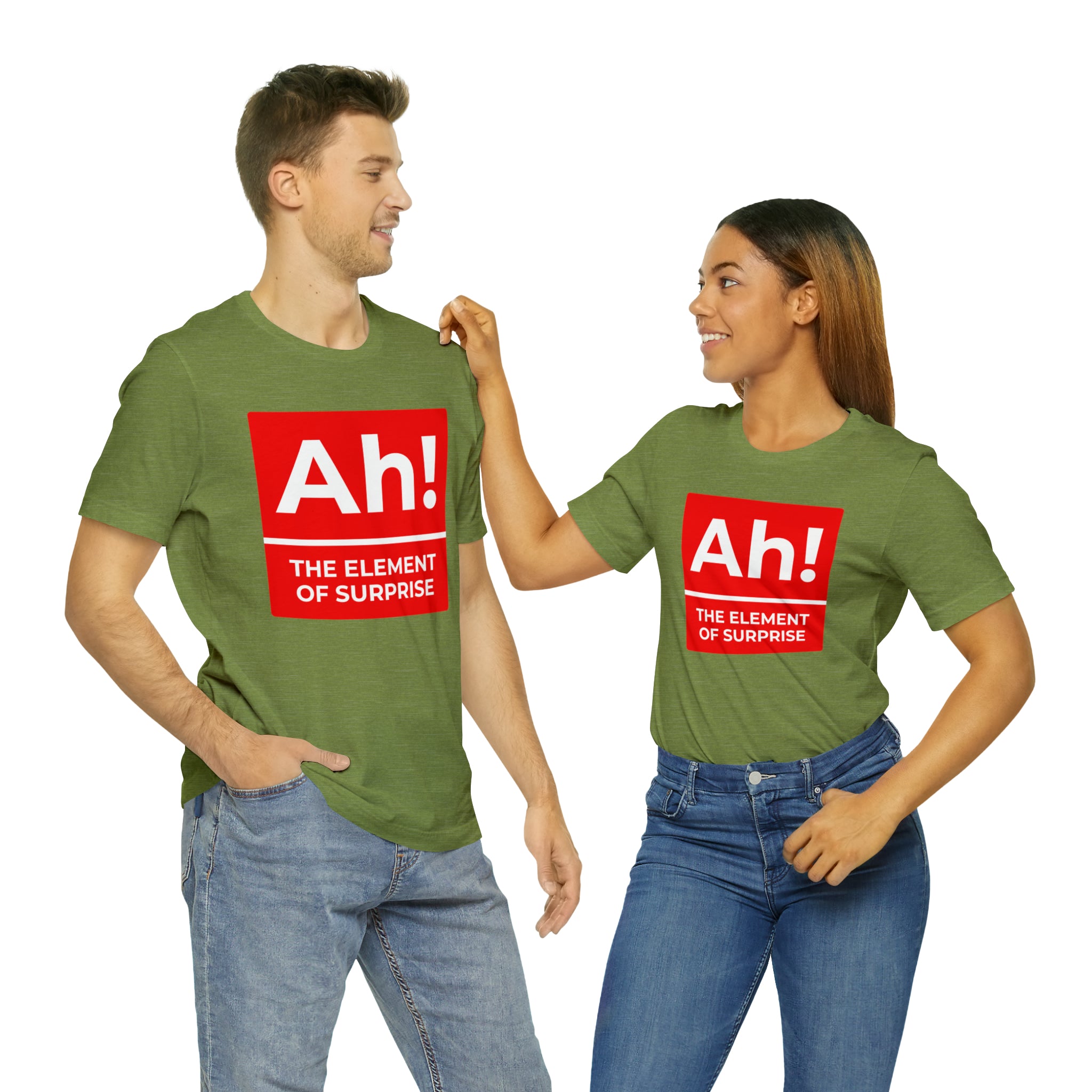 A man and woman wearing an Ah! the Element of Surprise T-shirt show their chemistry.