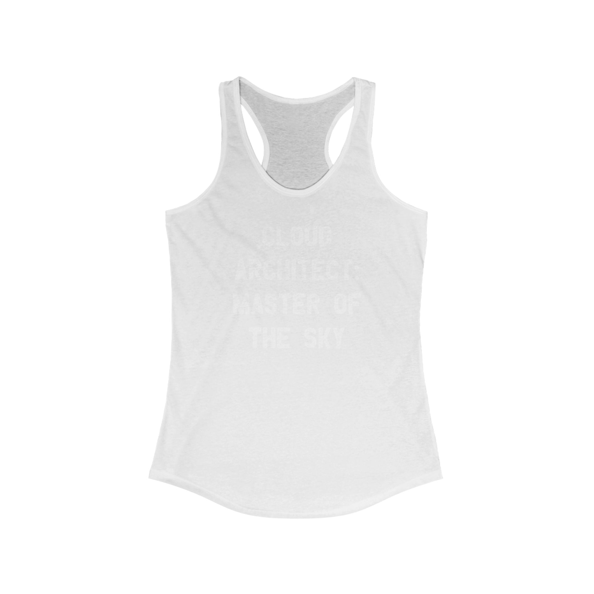 The Cloud Architect Master of the Sky - Women's Racerback Tank is crafted for an active lifestyle, showcasing a white racerback style with subtle text on the front.