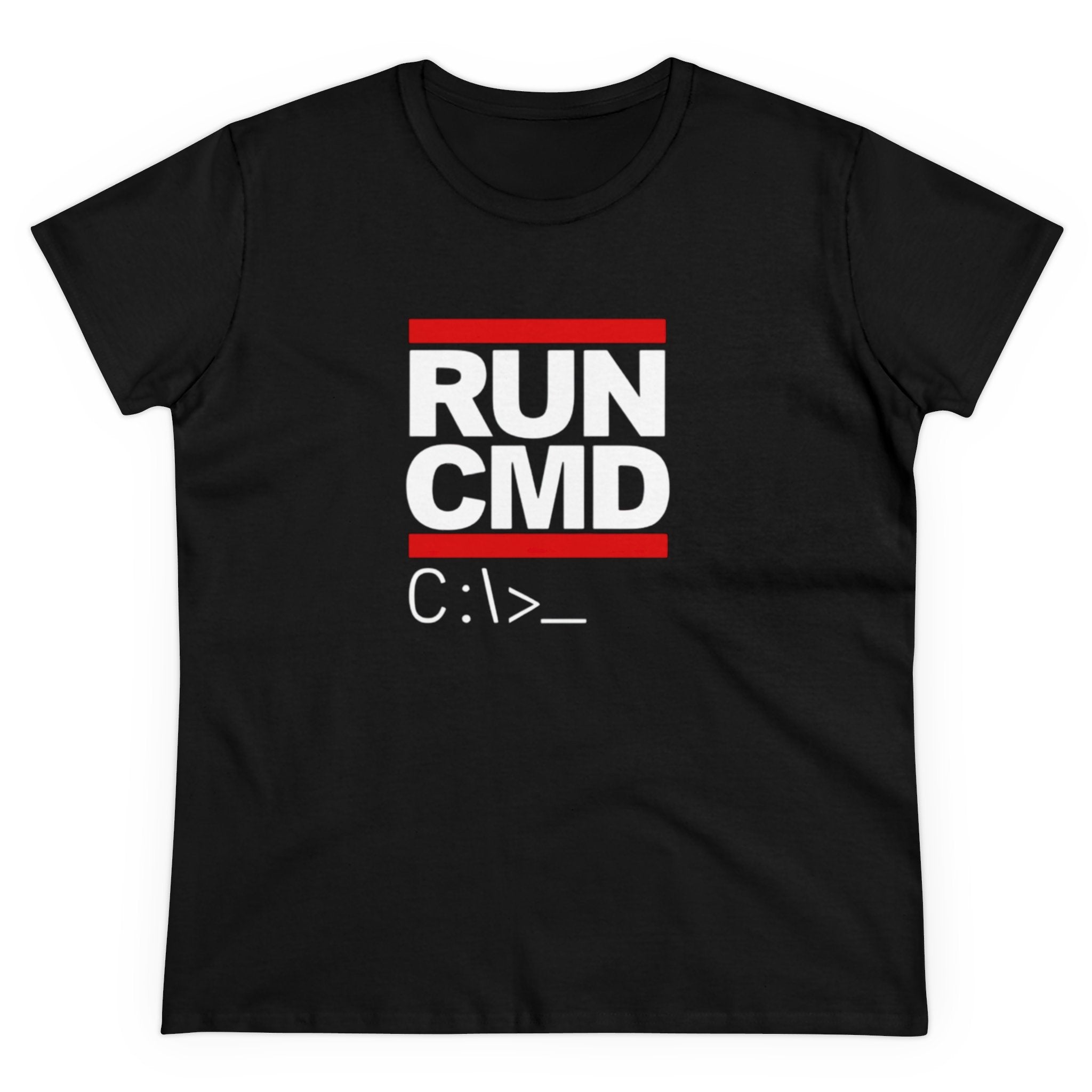 A black RUN CMD - Women's Tee featuring a RUN CMD design in large white letters, highlighted with red lines above and below, and "C:\>" printed below in smaller white text. Crafted from comforting cotton for all-day comfort.