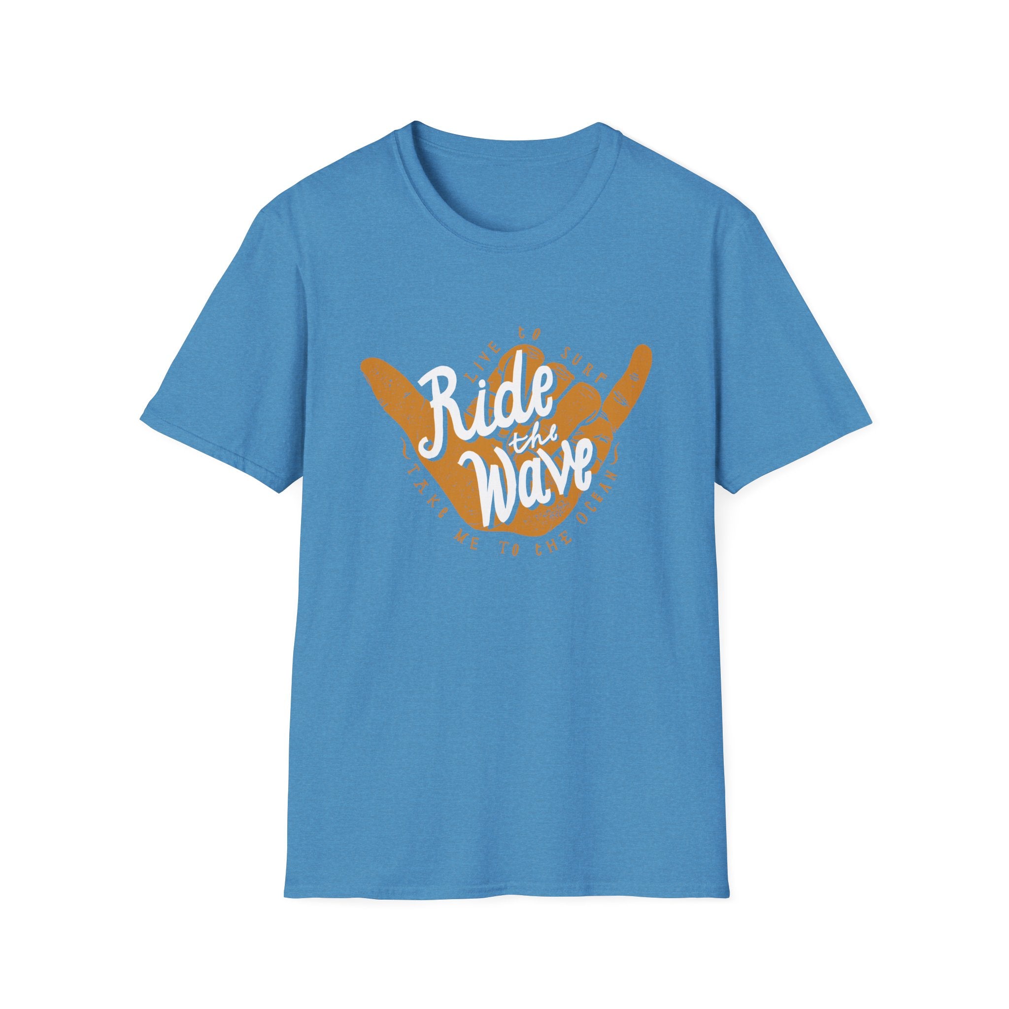 Introducing the Ride the Wave T-Shirt: a blue t-shirt made from soft cotton fabric, showcasing a "Ride the Wave" slogan alongside a vibrant orange and white shaka hand sign on the front—ideal for those who embrace the "Surf's Up" lifestyle.