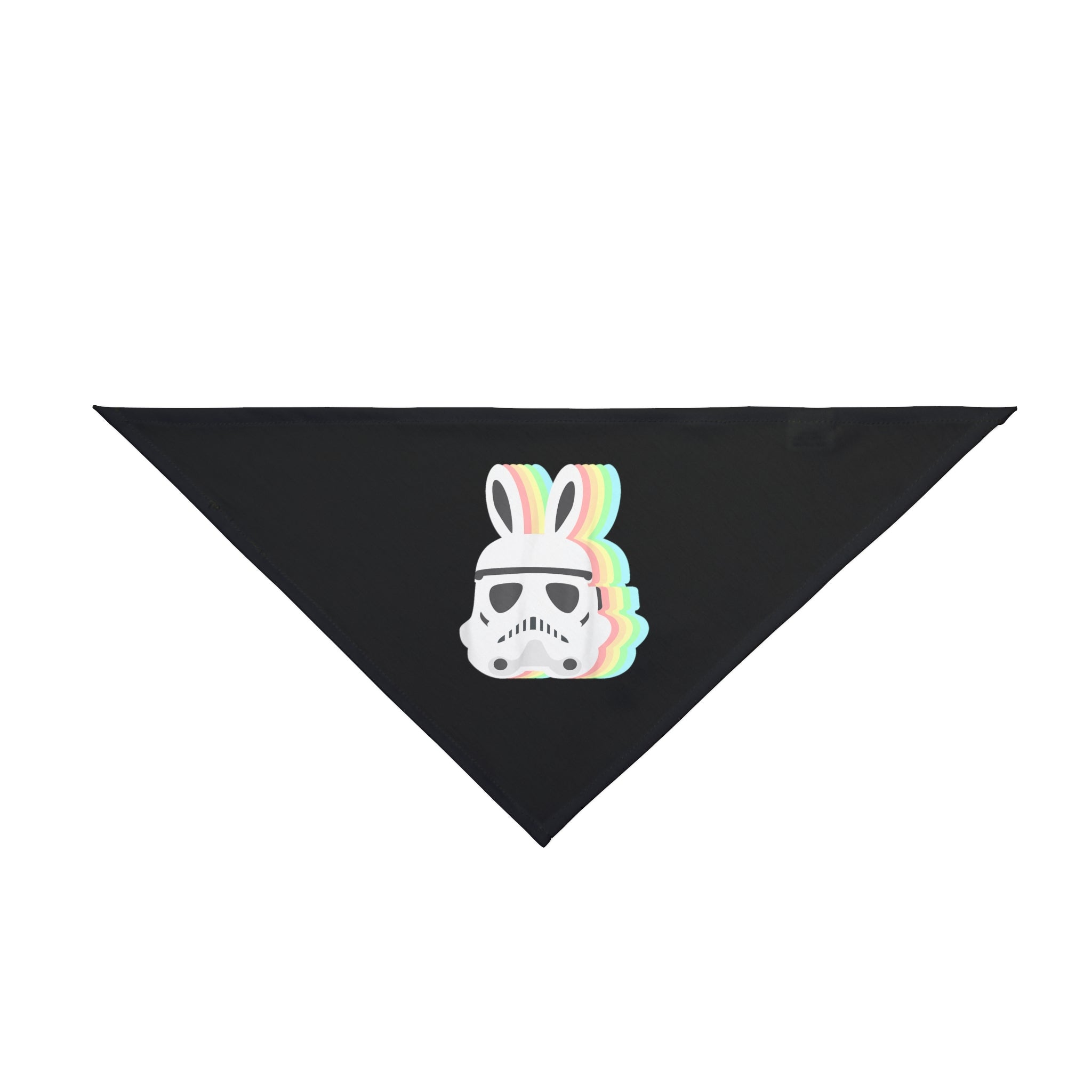 A black triangular **Star Wars Easter Stormtrooper - Pet Bandana** featuring a design of an Easter Stormtrooper helmet with bunny ears in multiple colors.