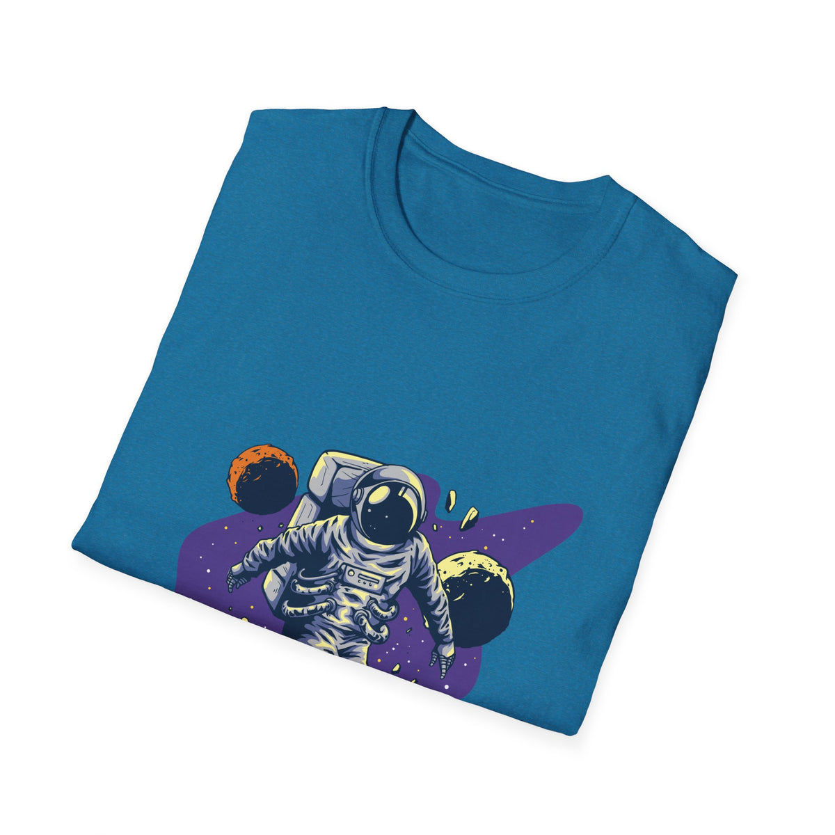 'Spacing Out' astronaut design folded on blue t-shirt, funny space pun shirt gift idea
