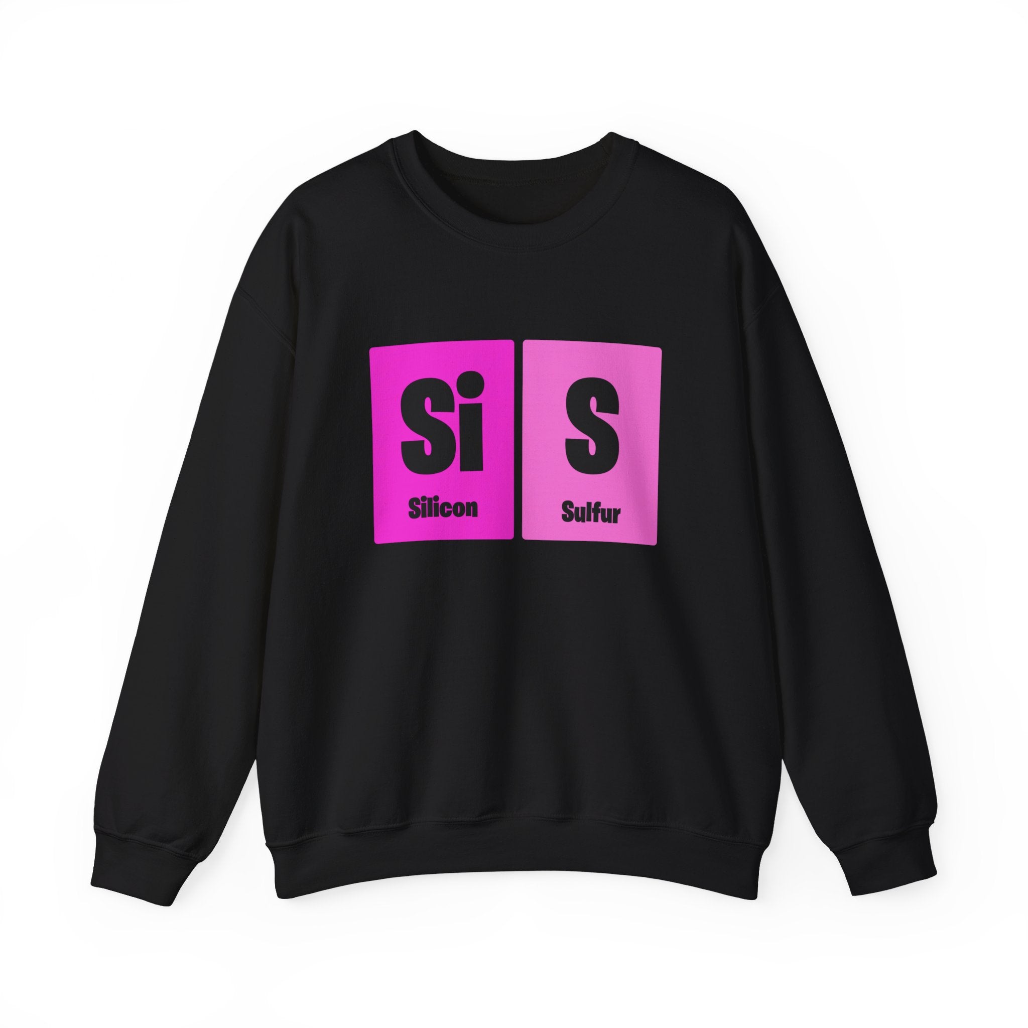 Si-S Light Pendant - Sweatshirt: Black sweatshirt with two pink squares displaying the chemical symbols "Si" for Silicon and "S" for Sulfur, with labels underneath. This stylish piece combines fashion & warmth, making it a chic addition to your wardrobe.