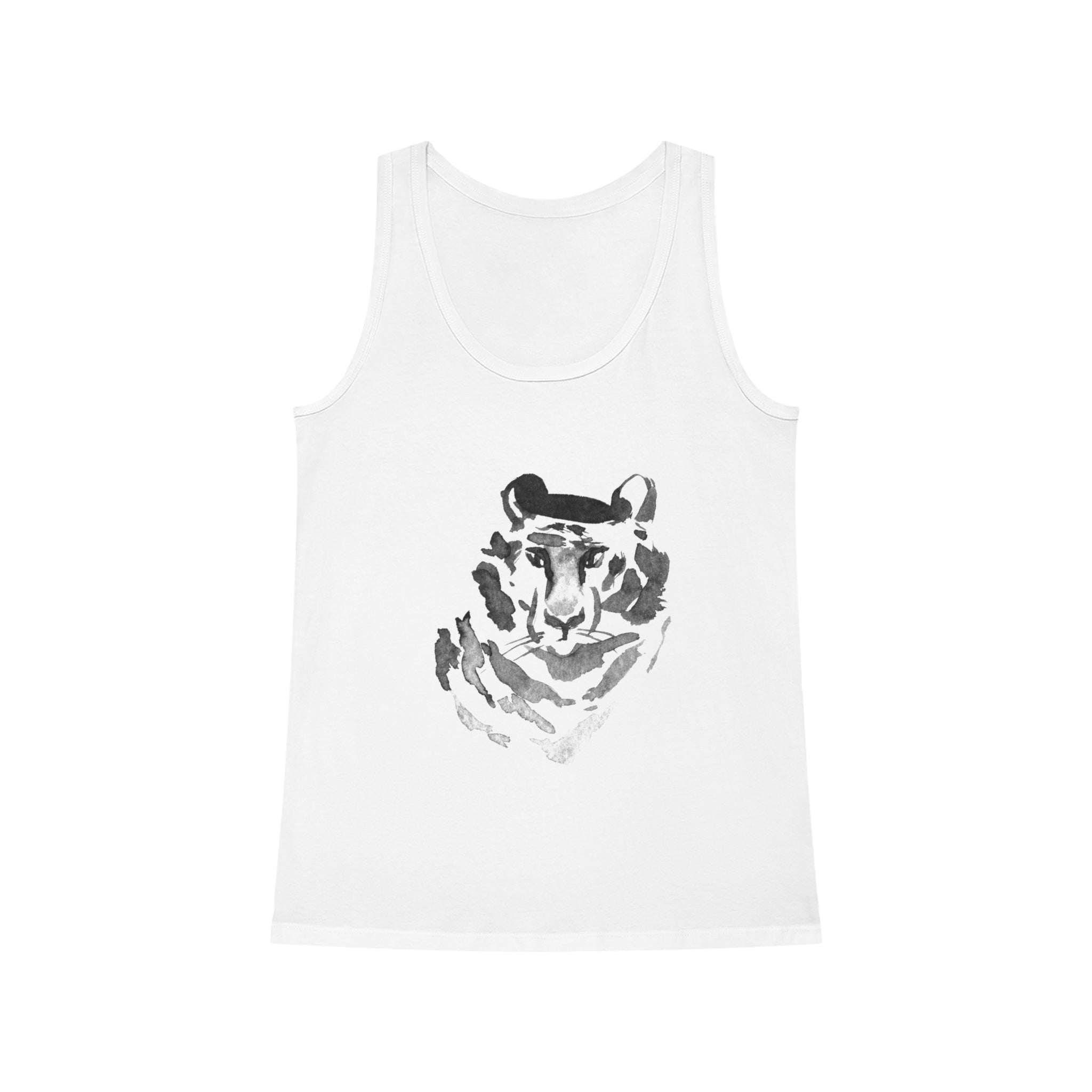 The Asian Tiger Women's Dreamer Yoga Tank Top showcases a captivating grayscale watercolor illustration of a tiger's face on the front, made from soft organic cotton, ideal for any yoga session.