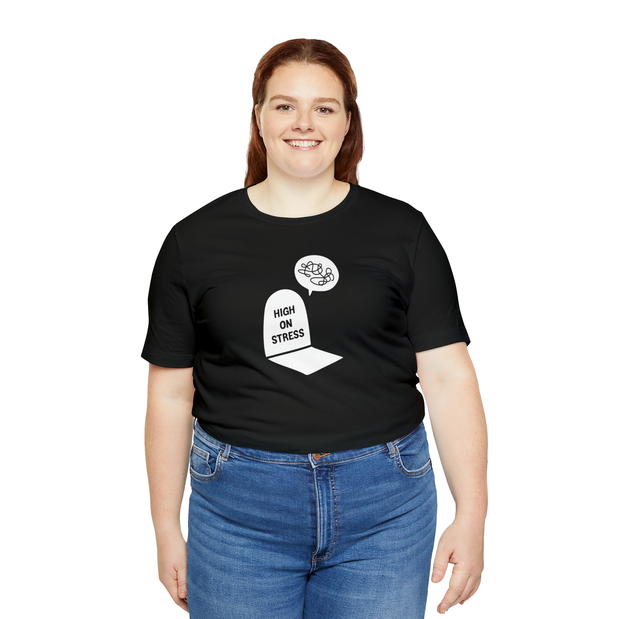 A woman, cool as a cucumber, wearing a High on Stress T-Shirt with an image of a gravestone in comfy cotton classic fabric.