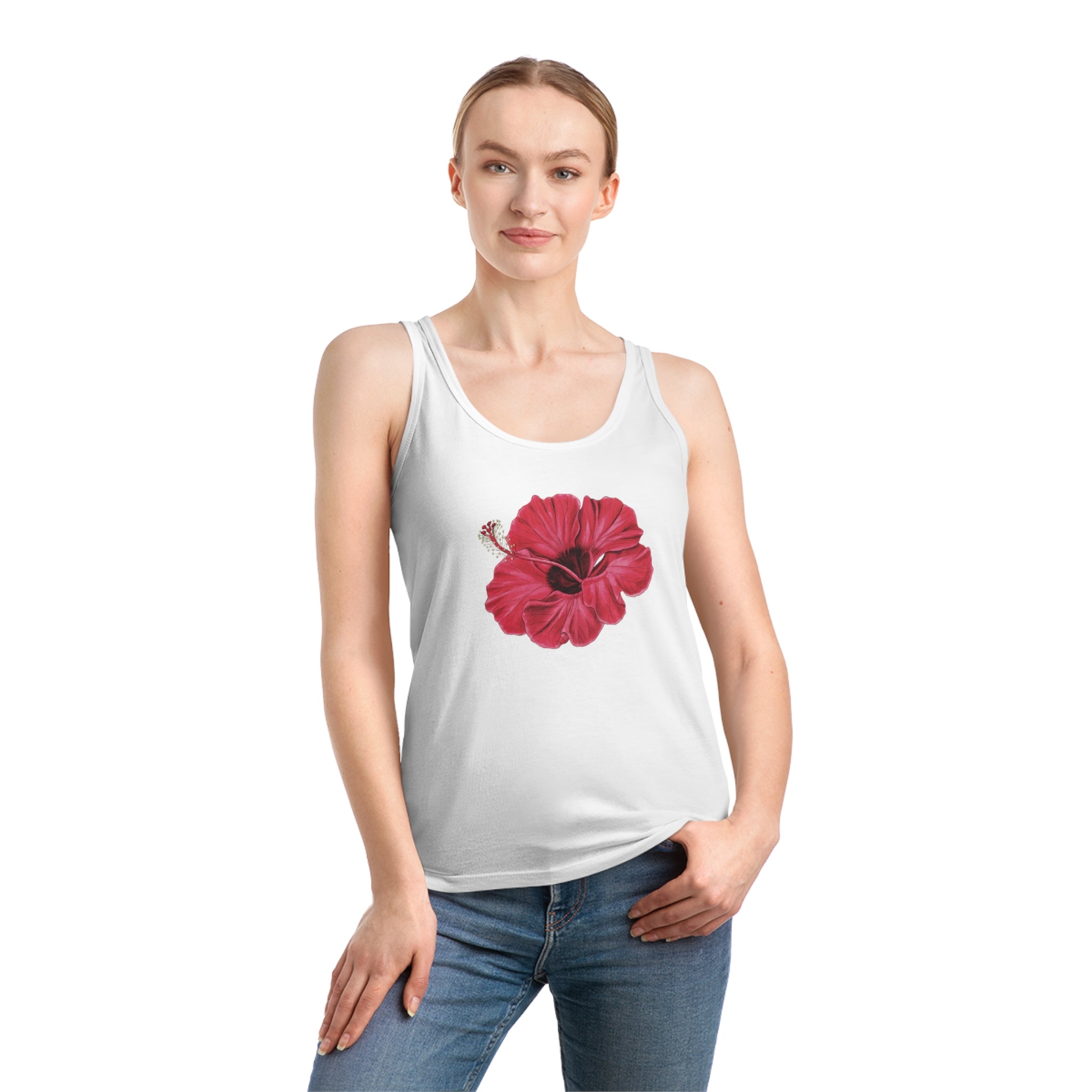 A Flower Red Tank Top with a red hibiscus flower on it.