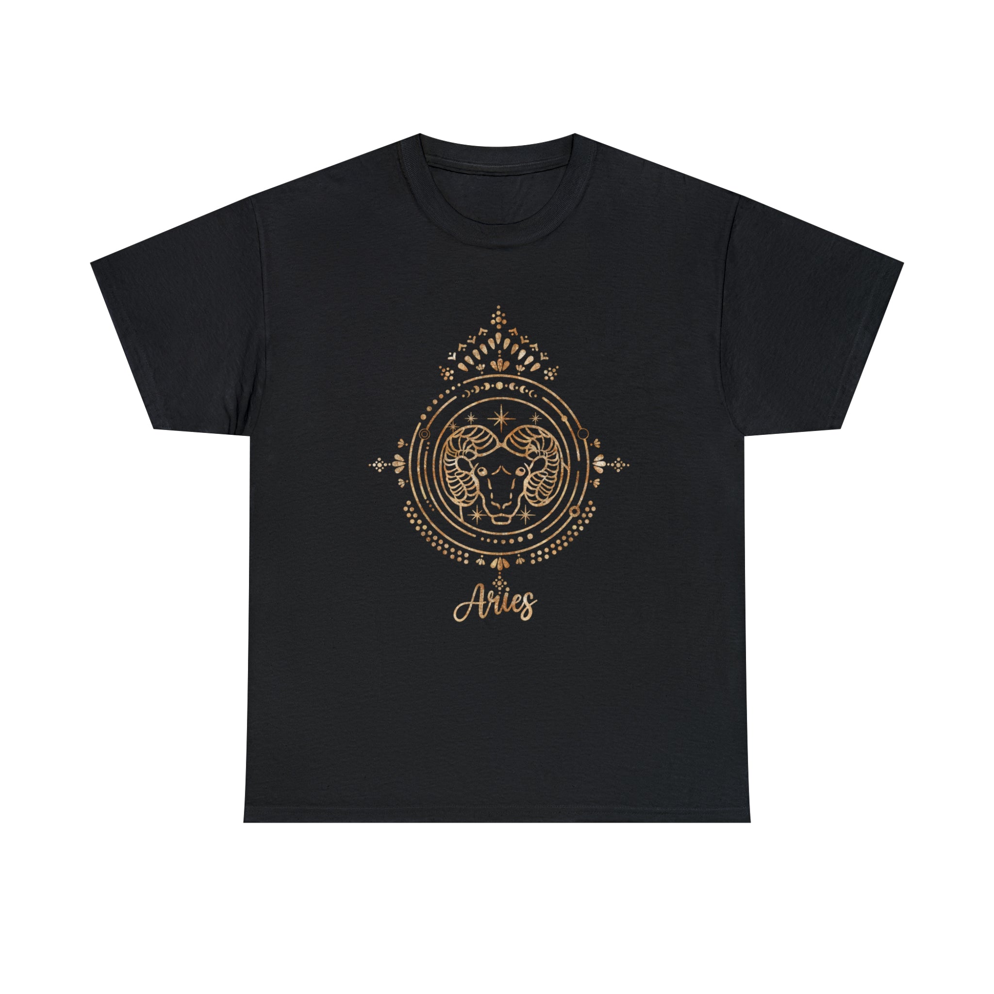 An ambitious Aries T-Shirt with a passionate gold emblem on it.