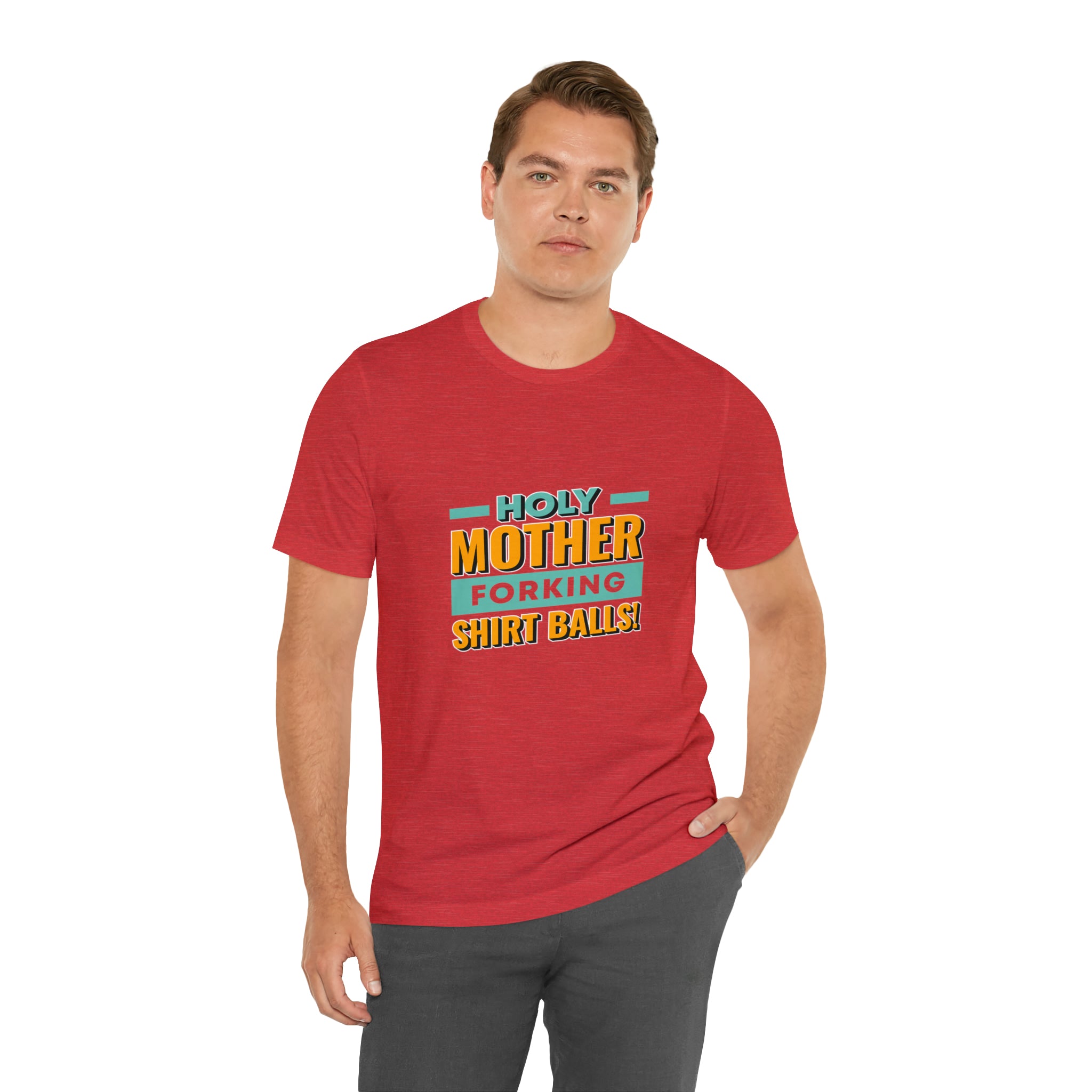 A man wearing a red Holy mother T-Shirt from Printify that says my mother is a spirit animal.