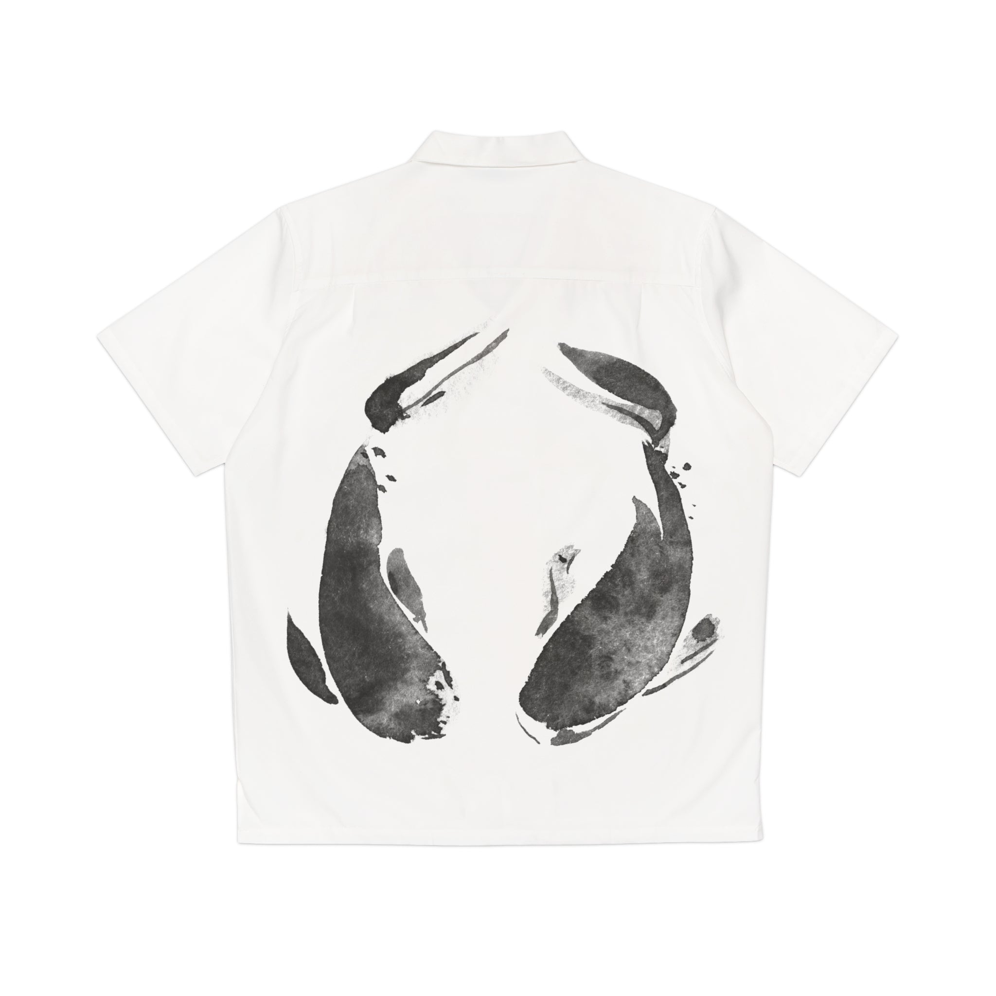 White short-sleeve shirt from Oron's Collection LTE, showcasing a back design with two stylized black koi fish in a circular formation, part of the Spirit Animals T-Shirt line by Oron artist.