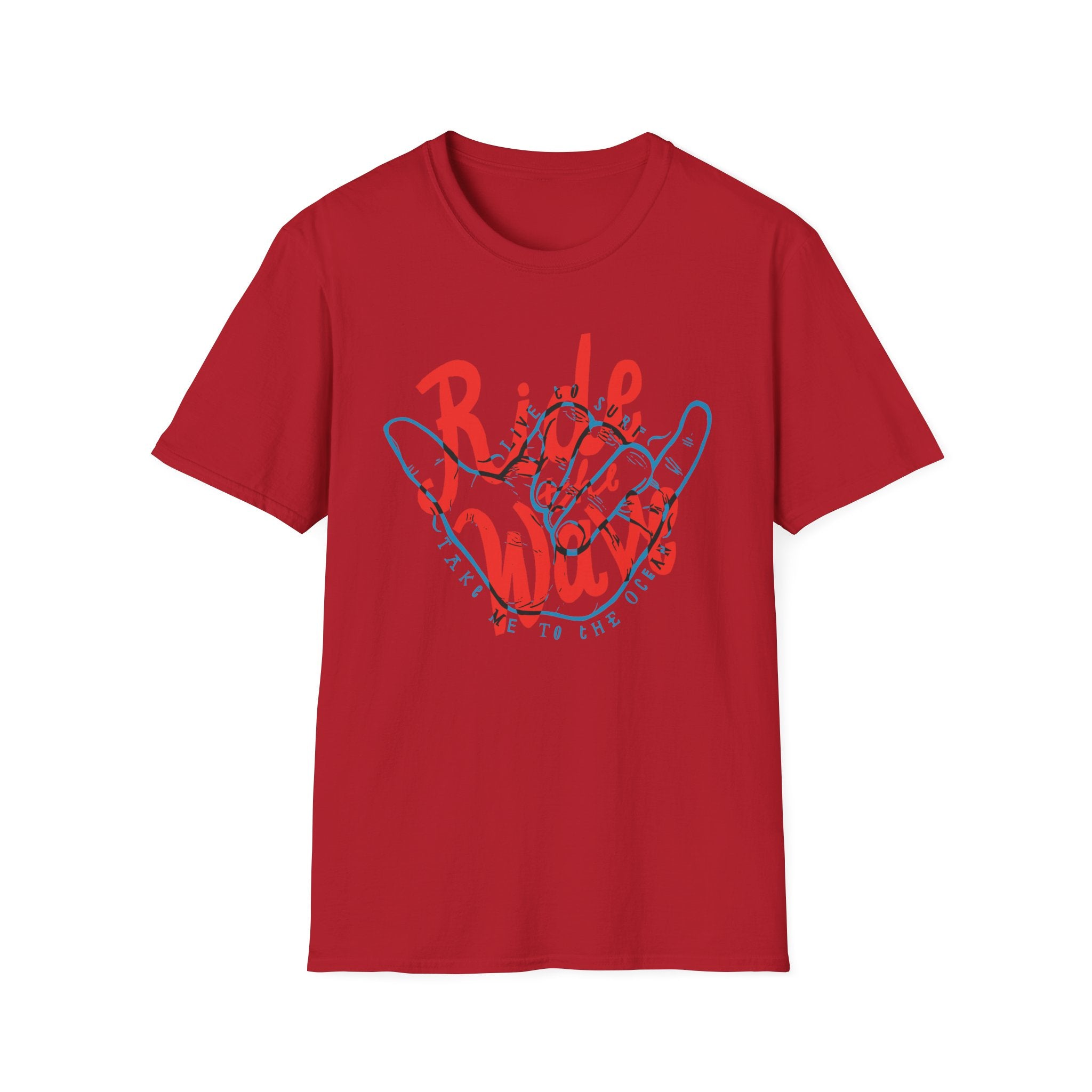 Catch the waves with the Ride the Wave T-Shirt, a red cotton tee showcasing a graphic of hands forming a sign, overlaid with vibrant "Ride My Wave, Take Me to the Ocean" text in orange and blue.