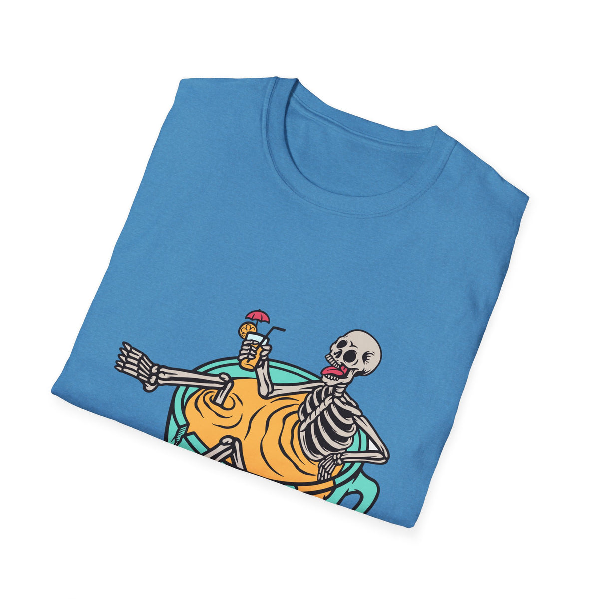 'Relaxing Skull' skeletons in a teacup print folded on blue t-shirt, quirky gift idea