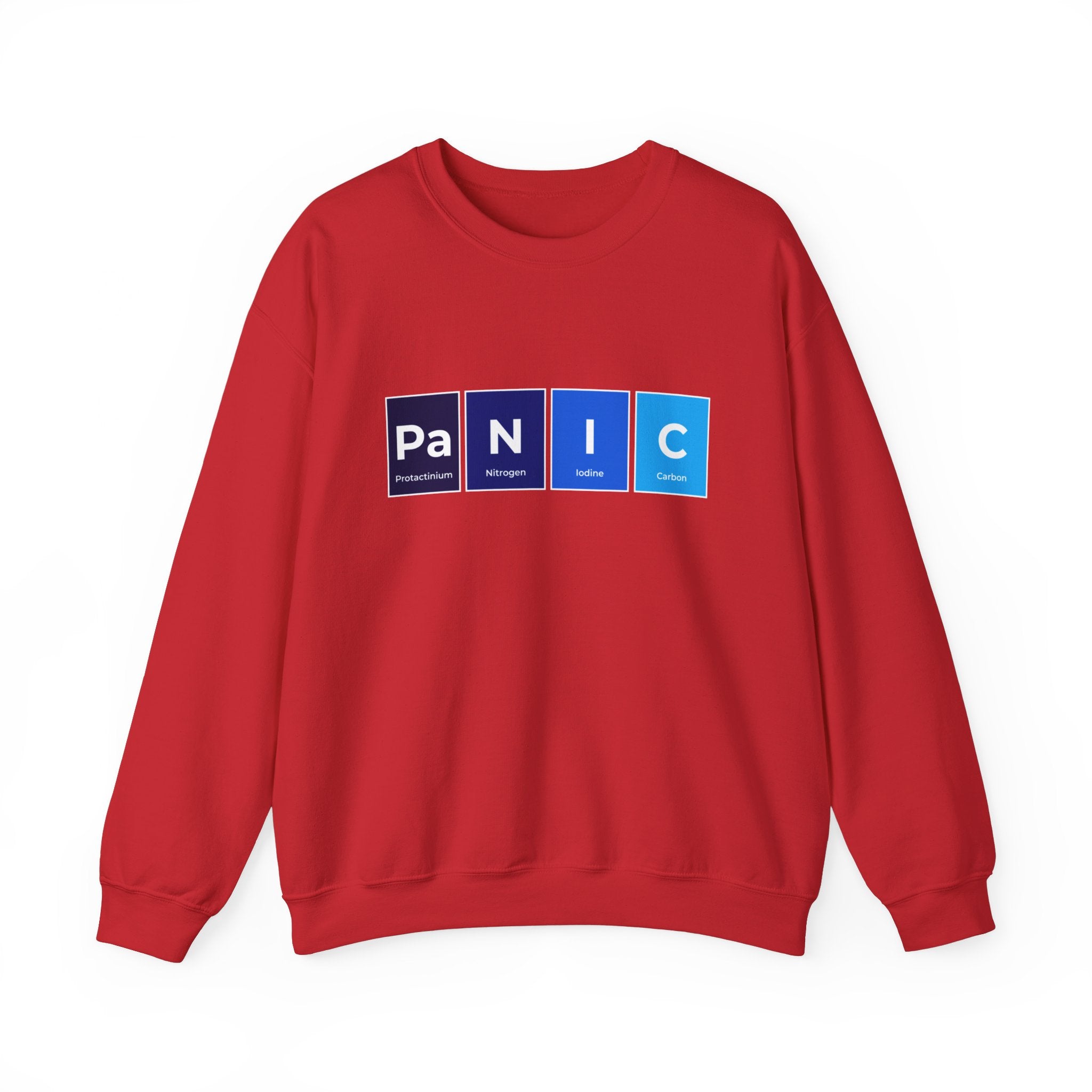 Pa-N-I-C - Sweatshirt: Cozy red sweatshirt featuring a unique Pa-N-I-C design, with the word "PANIC" spelled out using elements from the periodic table—P (Phosphorus), N (Nitrogen), I (Iodine), and C (Carbon). Perfect for staying warm during the colder months.