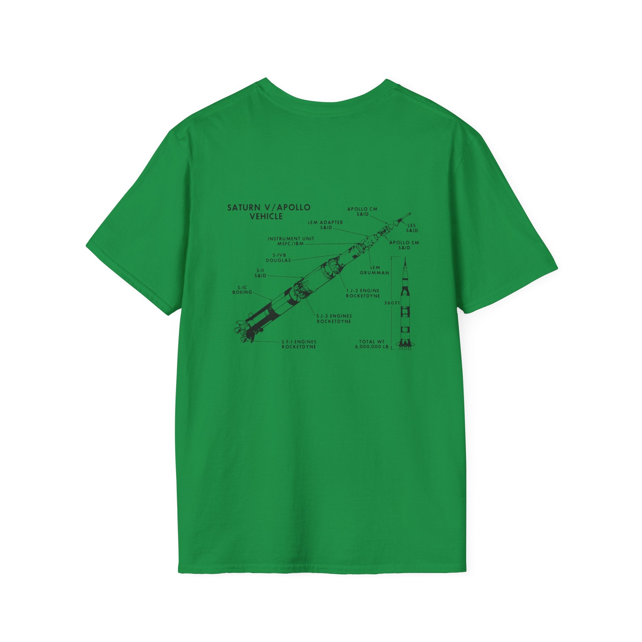 Saturn / Apollo Vehicle T-Shirt in green, showcasing a black diagram of the iconic Saturn V Apollo, detailing its stages and components, ideal for space exploration enthusiasts.