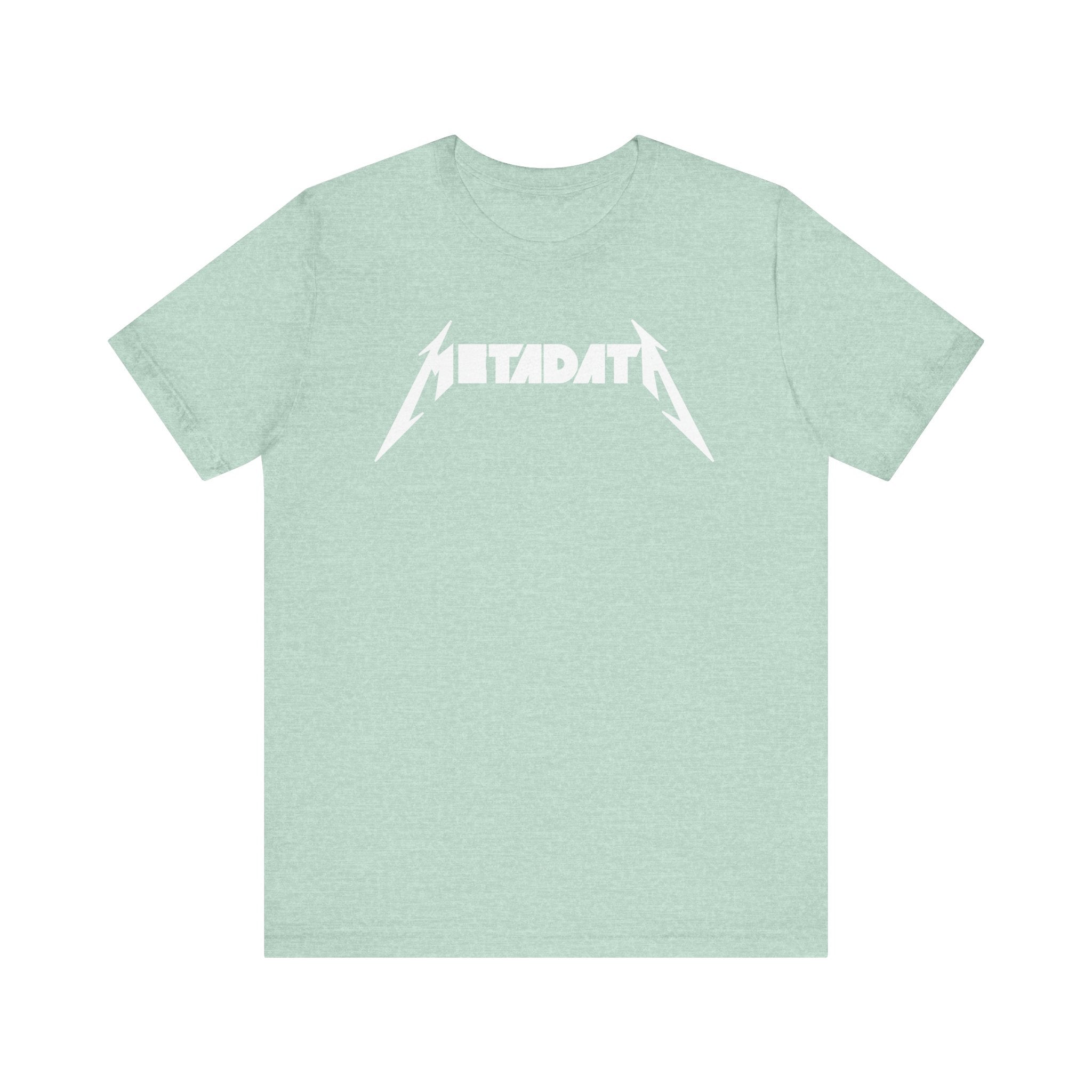 Experience supreme comfort with our Metadata T-shirt in light green, crafted from Airlume combed cotton and featuring "METADATA" in a bold, band-logo style.