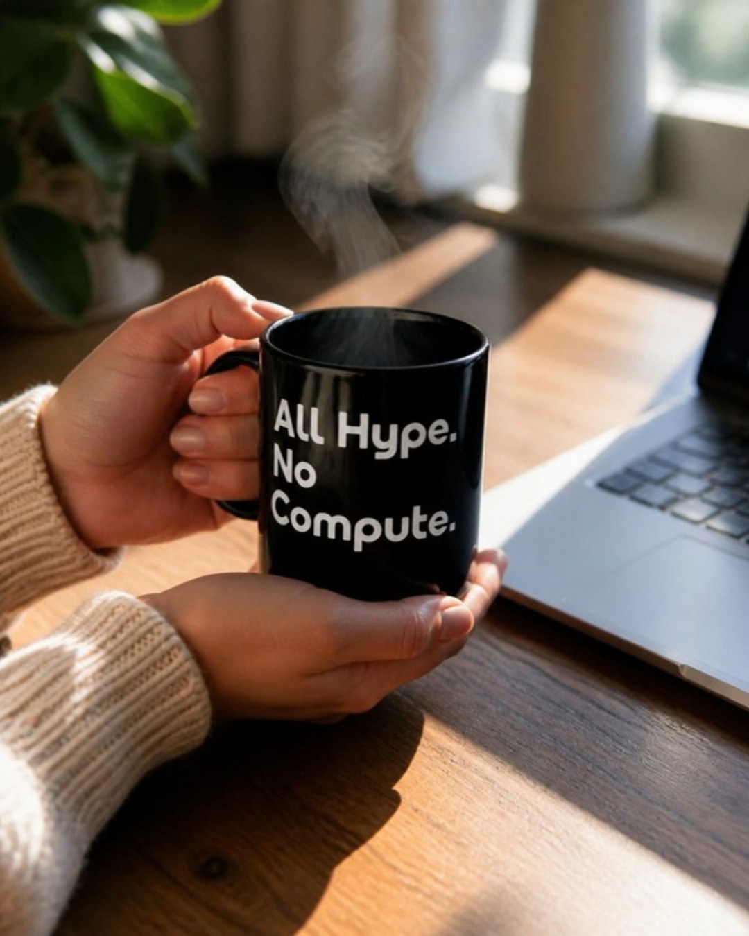 All Hype No Compute Black Mug lifestyle mockup, Geekpsters